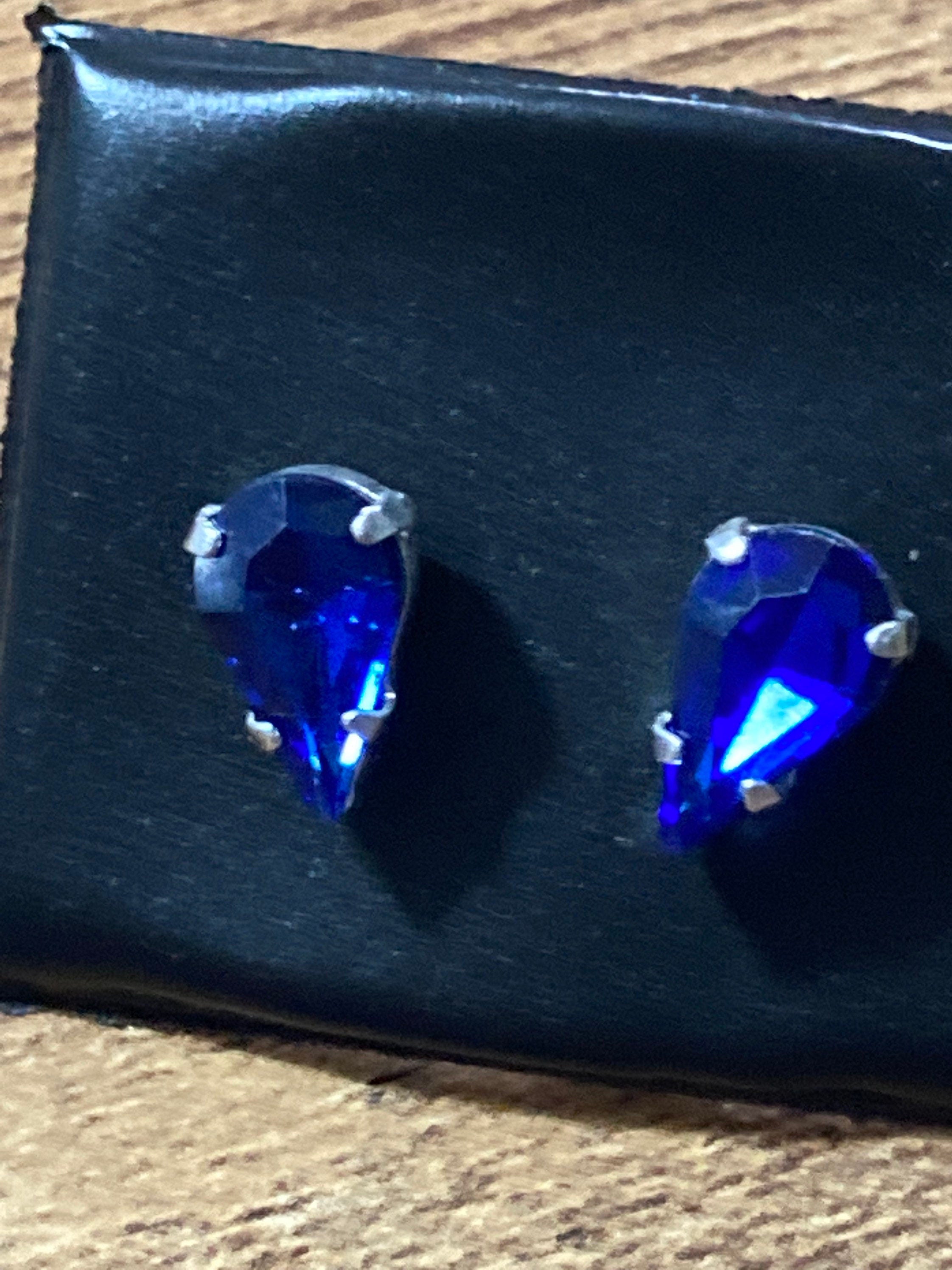 Sapphire Blue Crystal earrings rhinestone silver plated teardrop 15mm