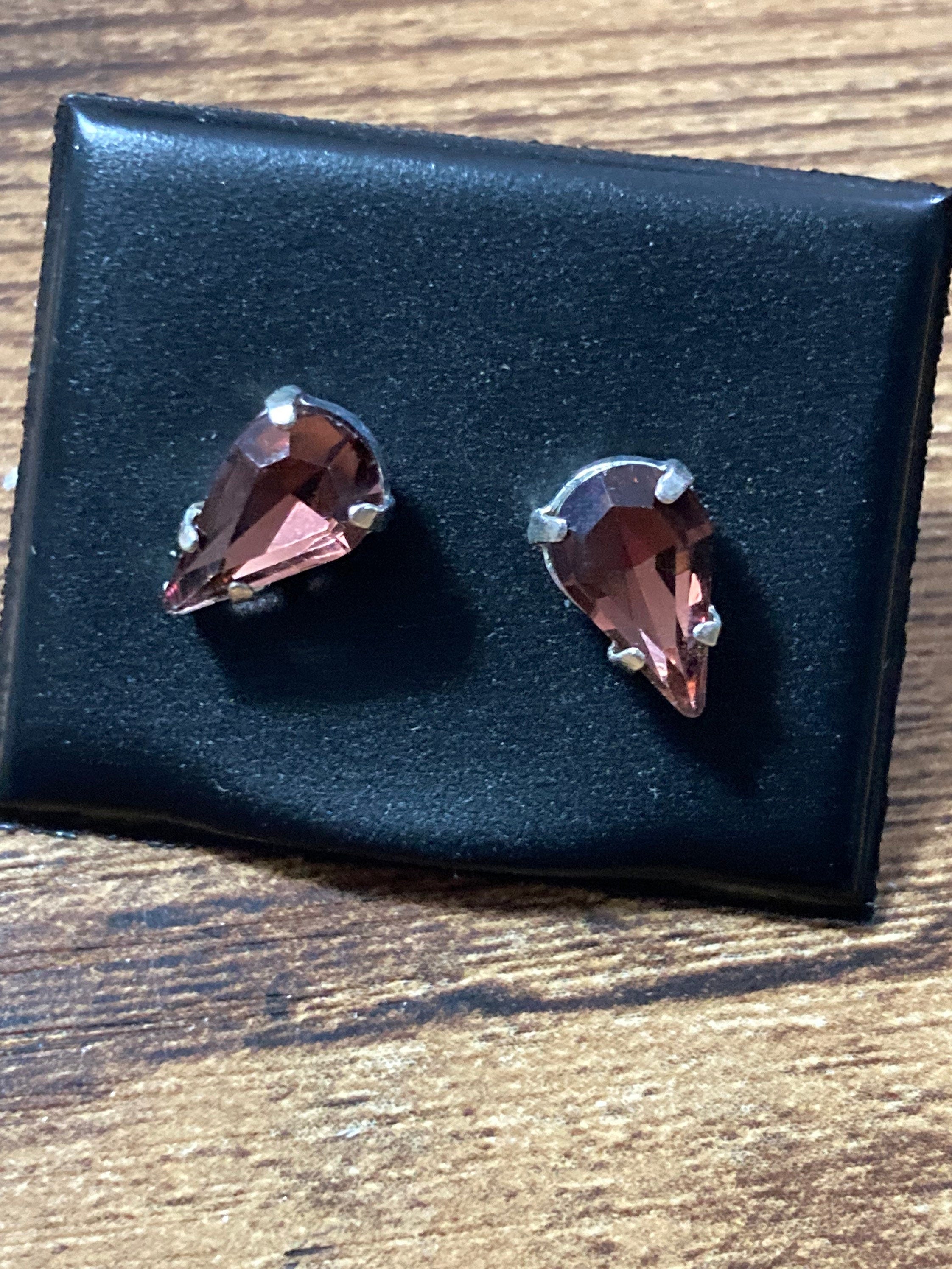 Amethyst purple glass rhinestone teardrop earrings pierced 15mm