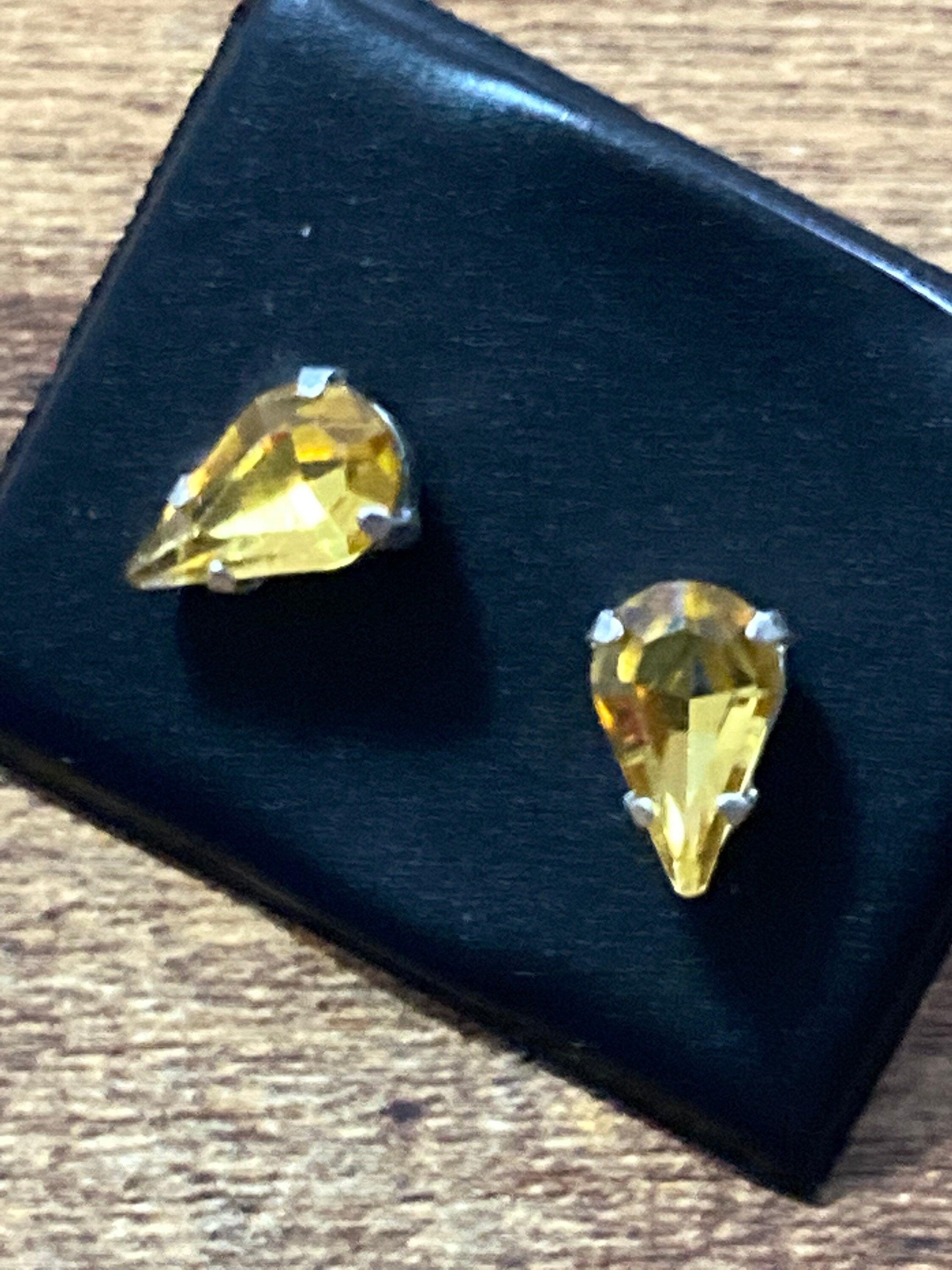 Citrine orange amber glass earrings rhinestone silver plated teardrop