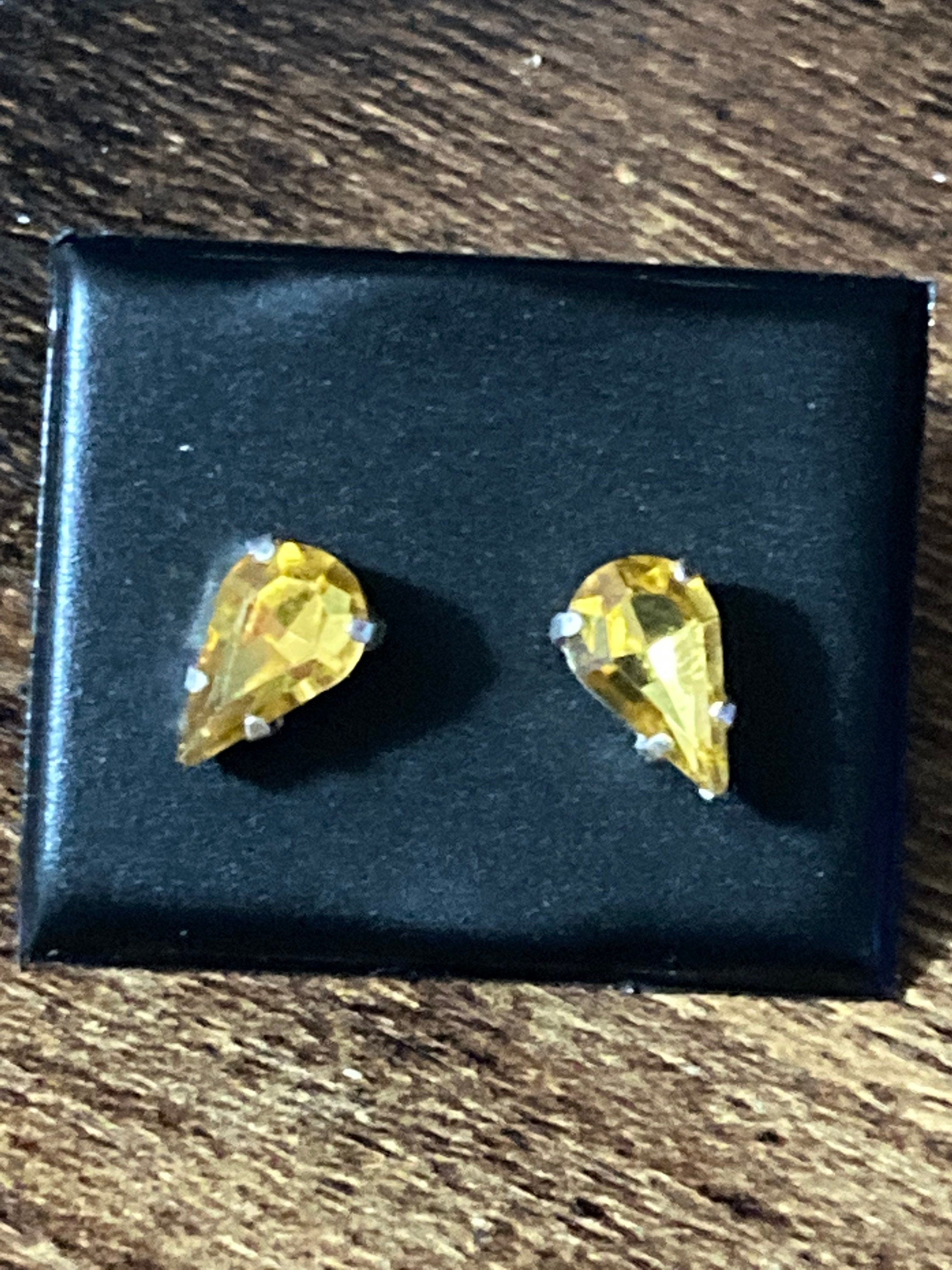 Citrine orange amber glass earrings rhinestone silver plated teardrop