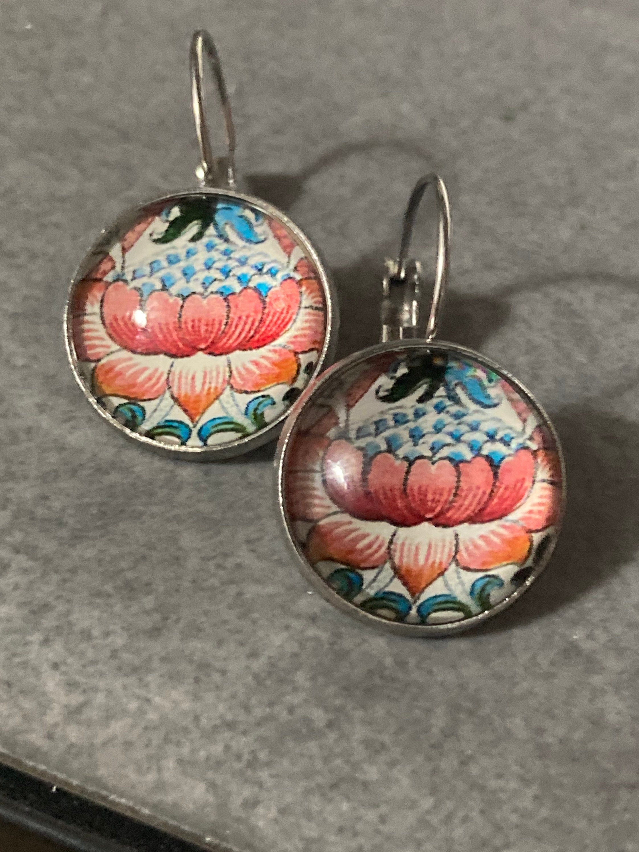 William Morris orange print earrings round glass cabochon 3cm silver plated