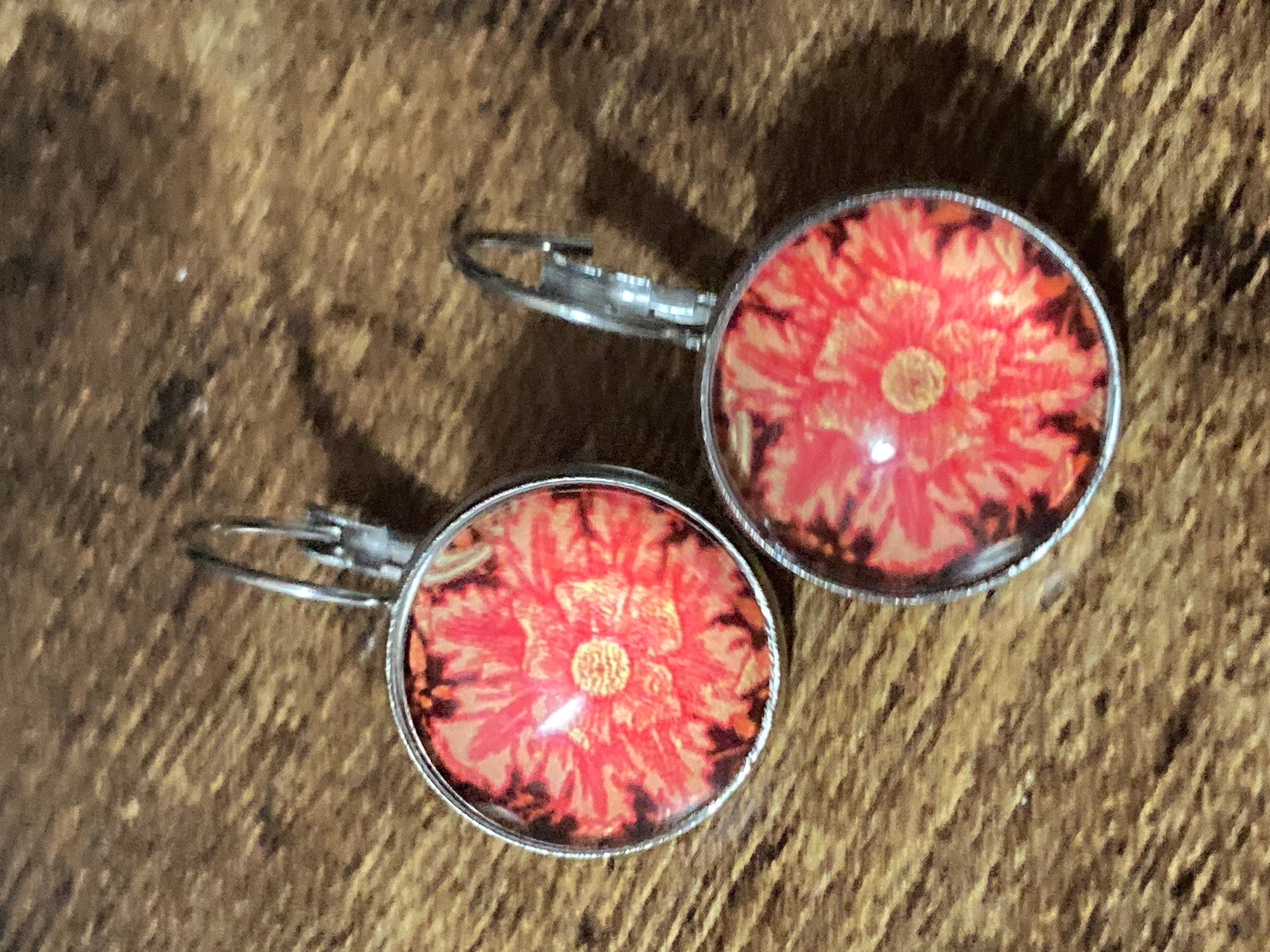 William Morris orange print earrings round glass cabochon 3cm dangly silver plated