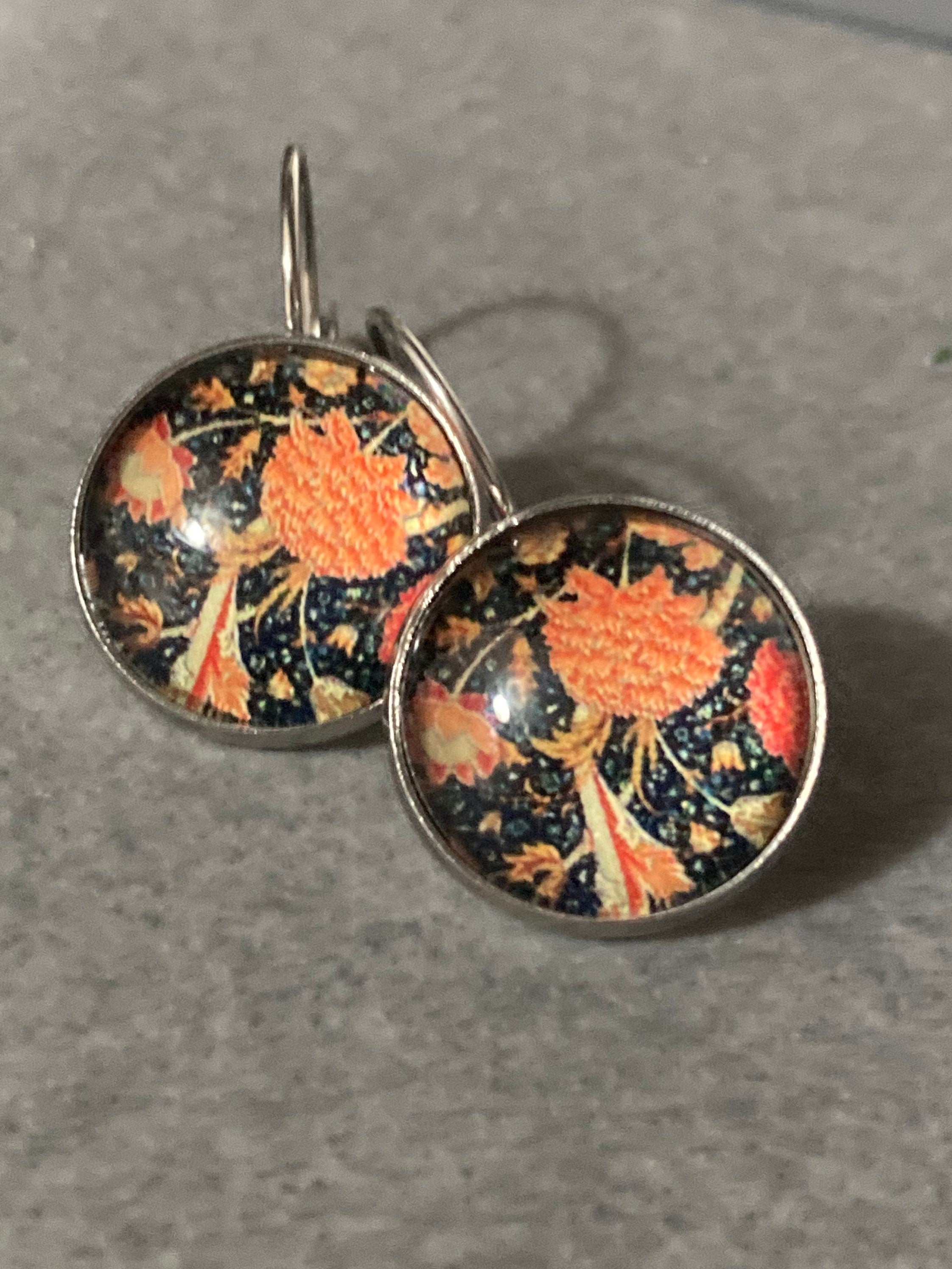 William Morris orange black print earrings 18mm round glass cabochon drop