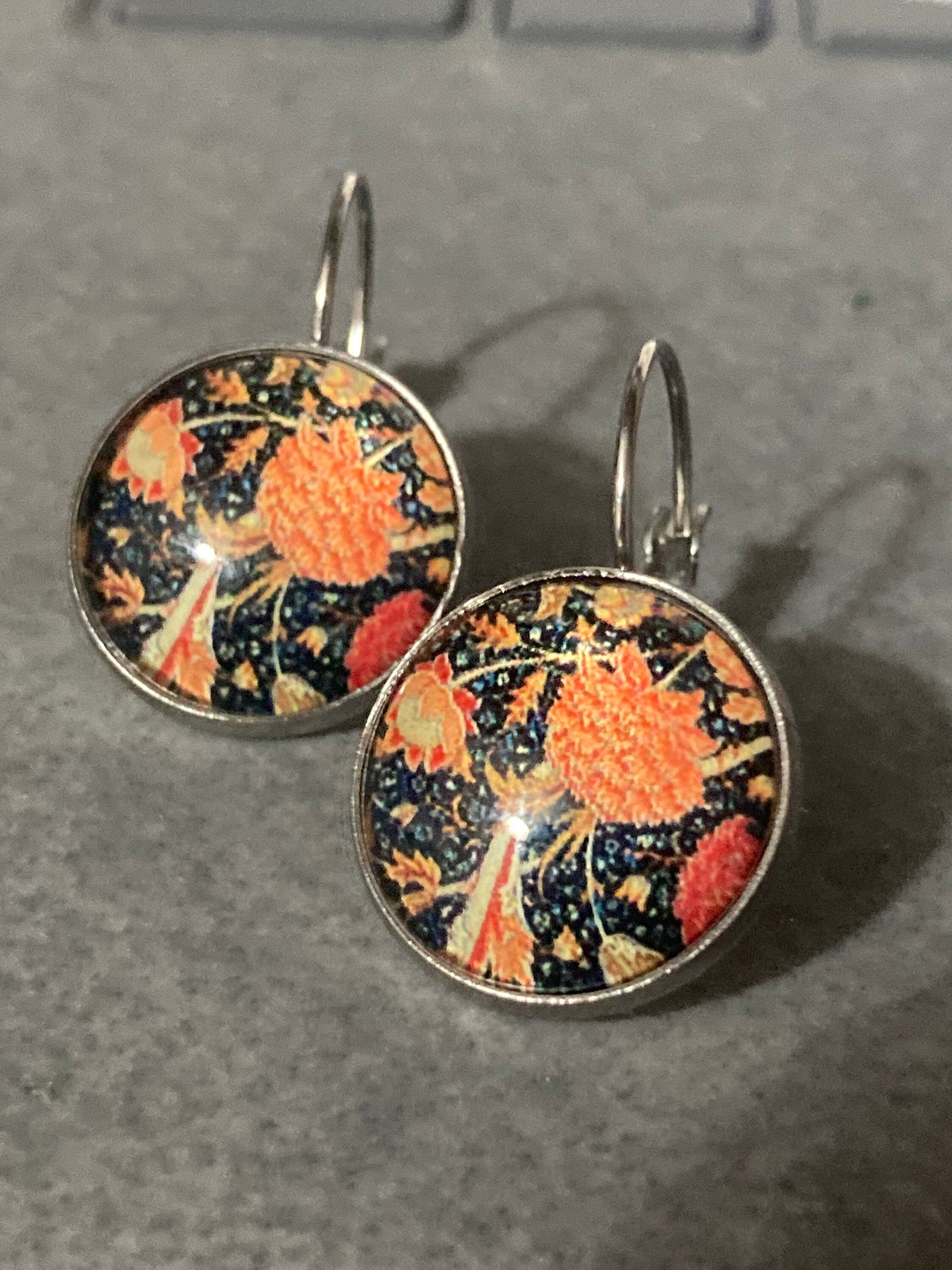 William Morris orange black print earrings 18mm round glass cabochon drop
