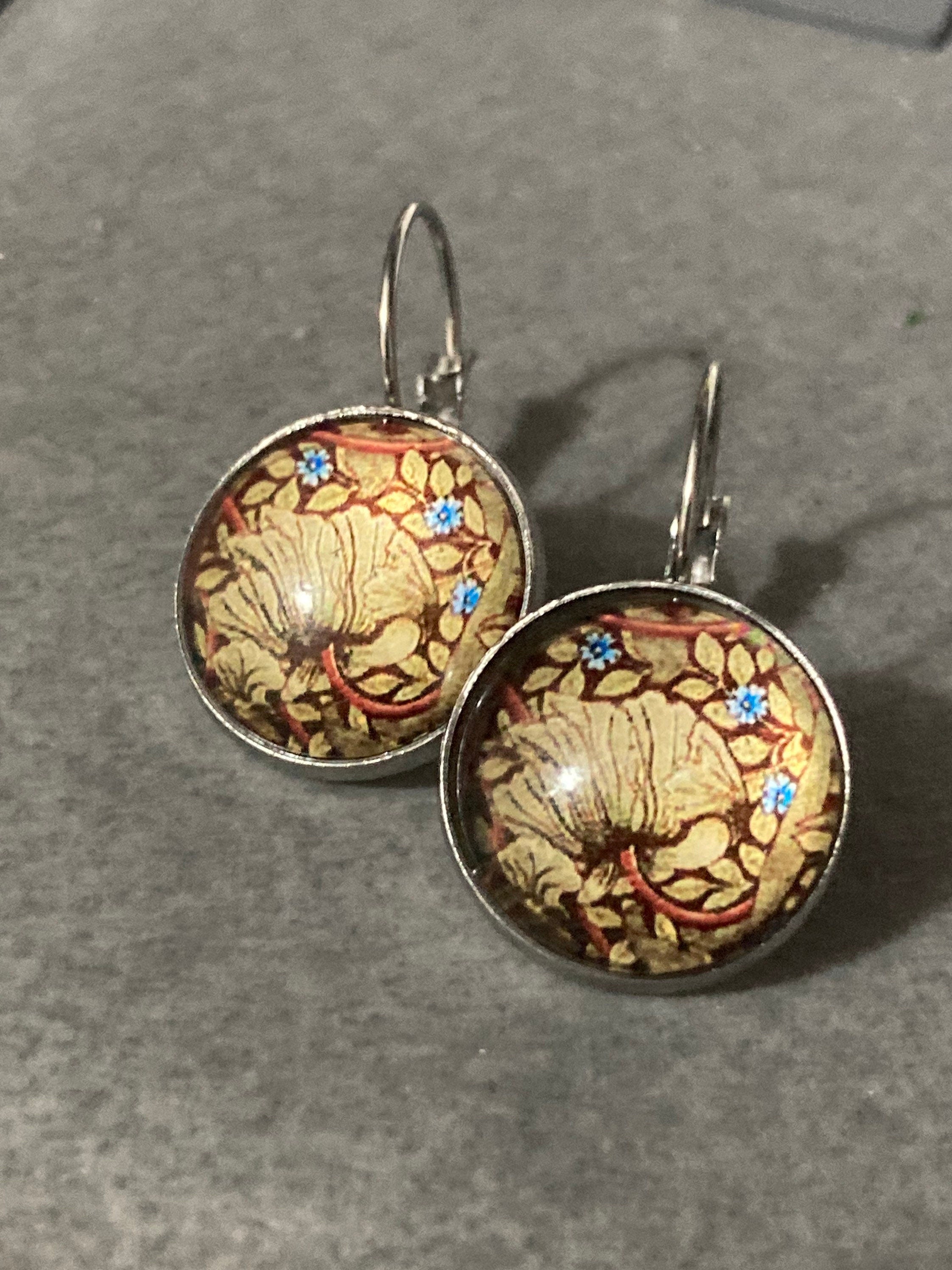 William Morris print earrings round glass cabochon silver tone brown blue