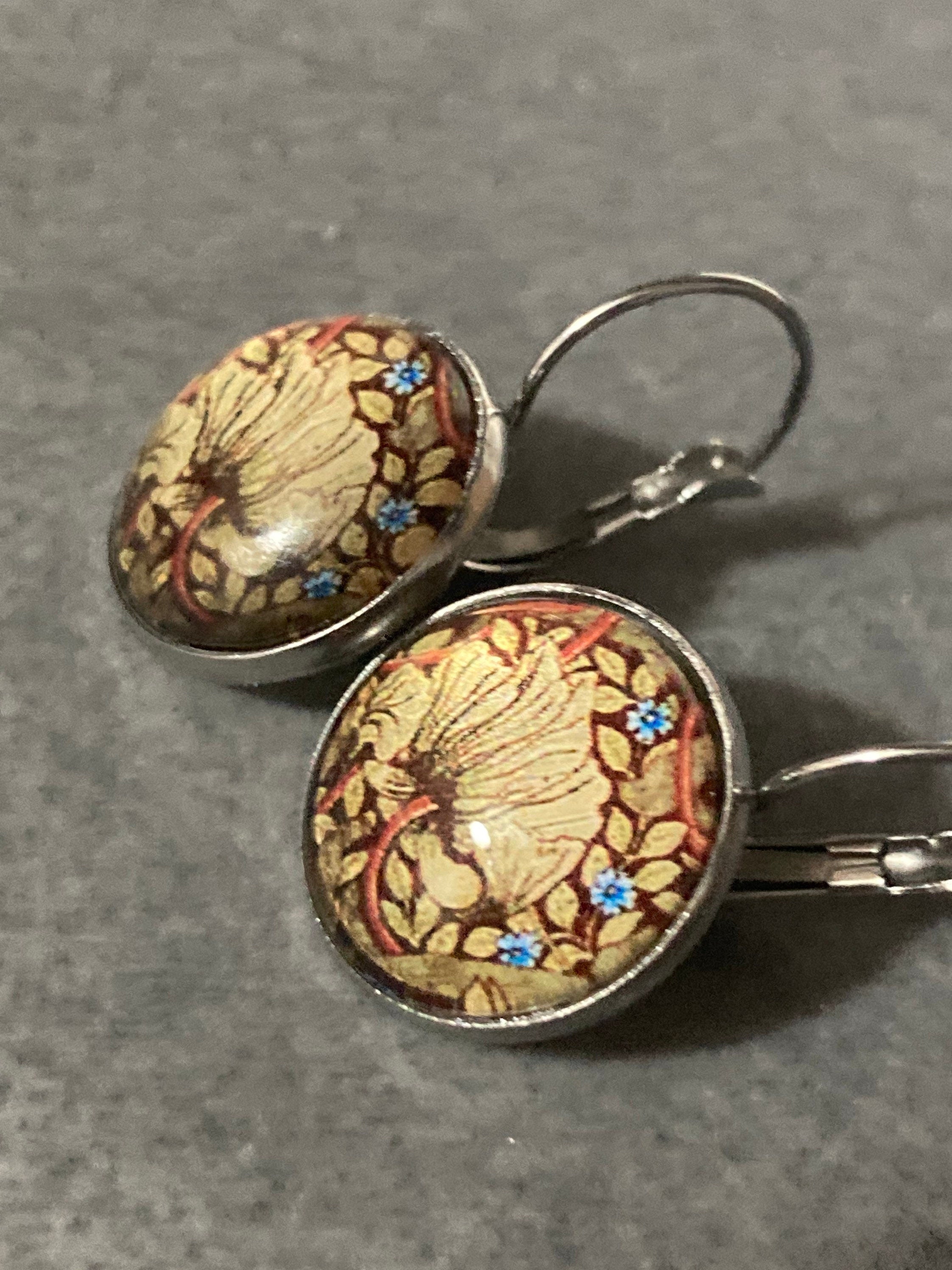 William Morris print earrings round glass cabochon silver tone brown blue