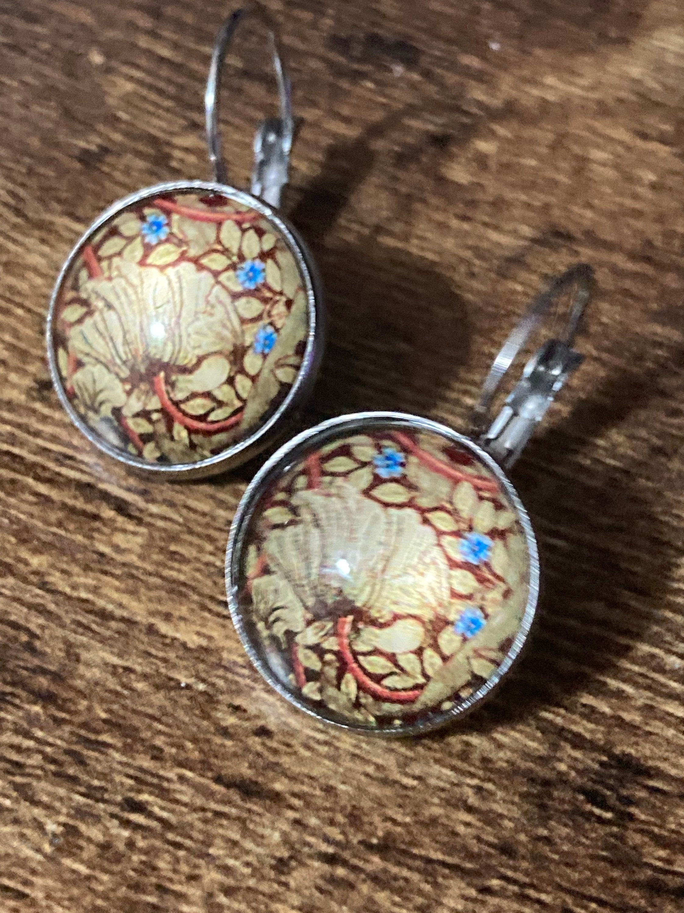 William Morris print earrings round glass cabochon silver tone brown blue