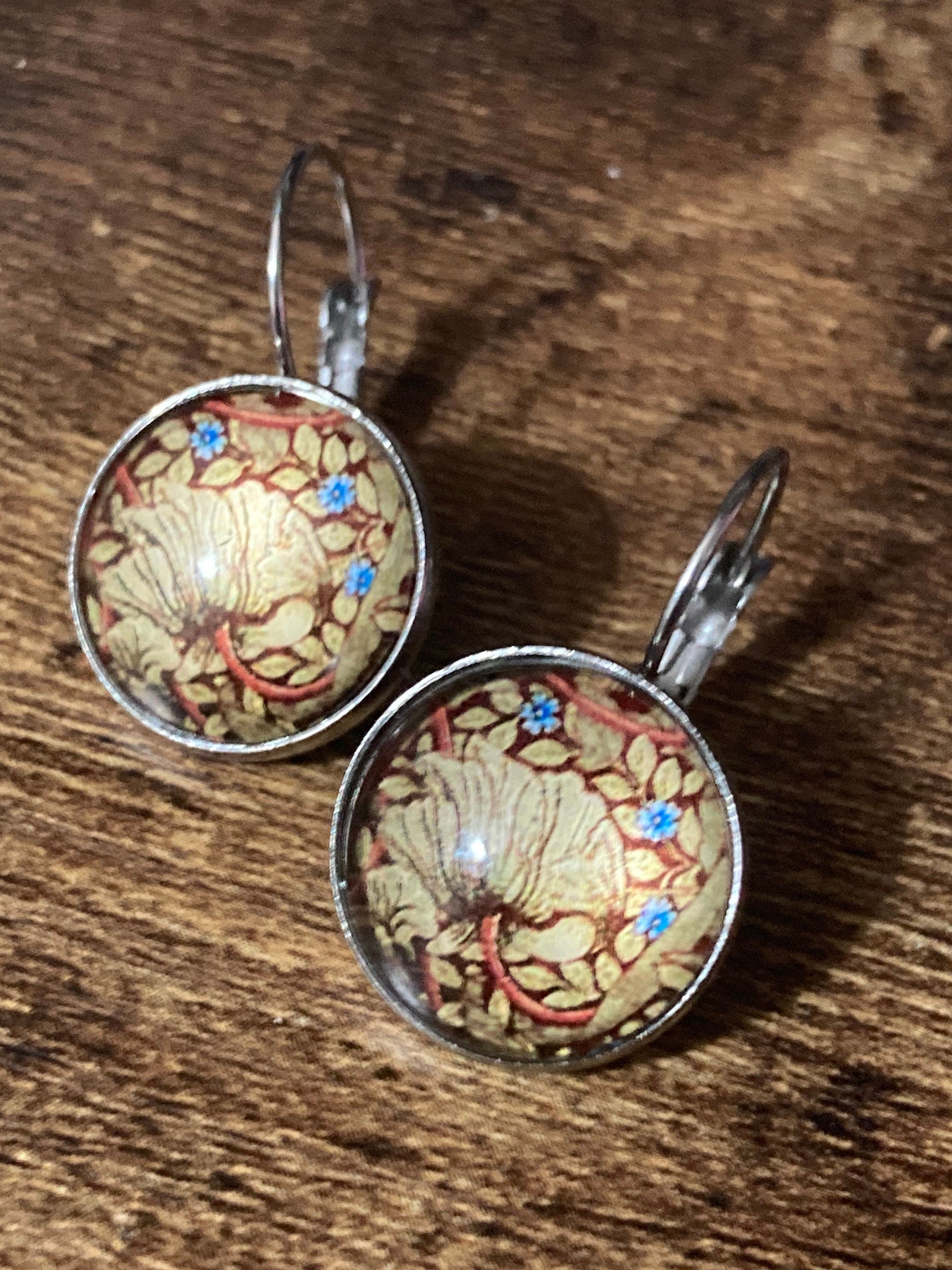 William Morris print earrings round glass cabochon silver tone brown blue
