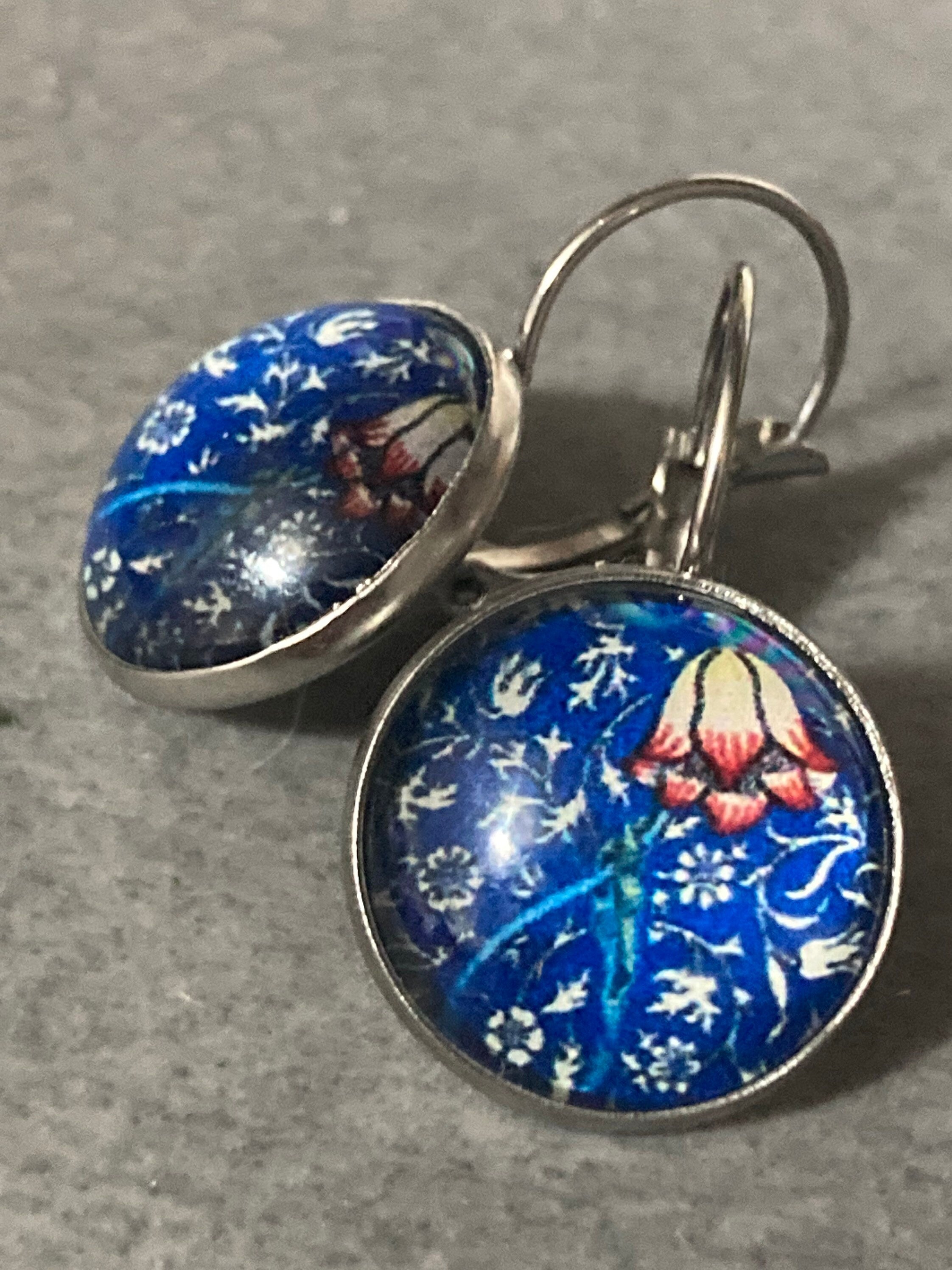 William Morris blue print earrings round glass cabochon 3cm drops