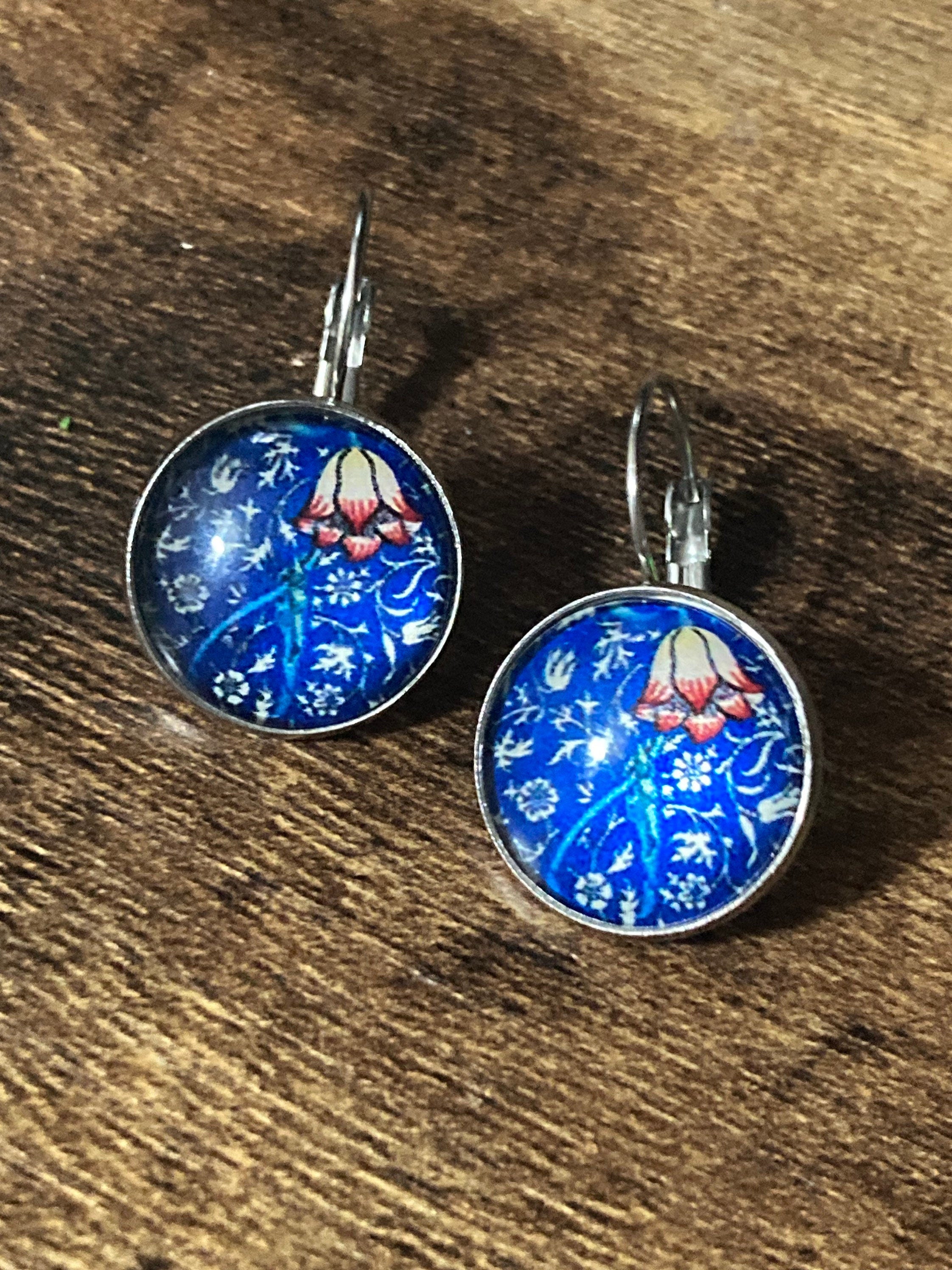 William Morris blue print earrings round glass cabochon 3cm drops