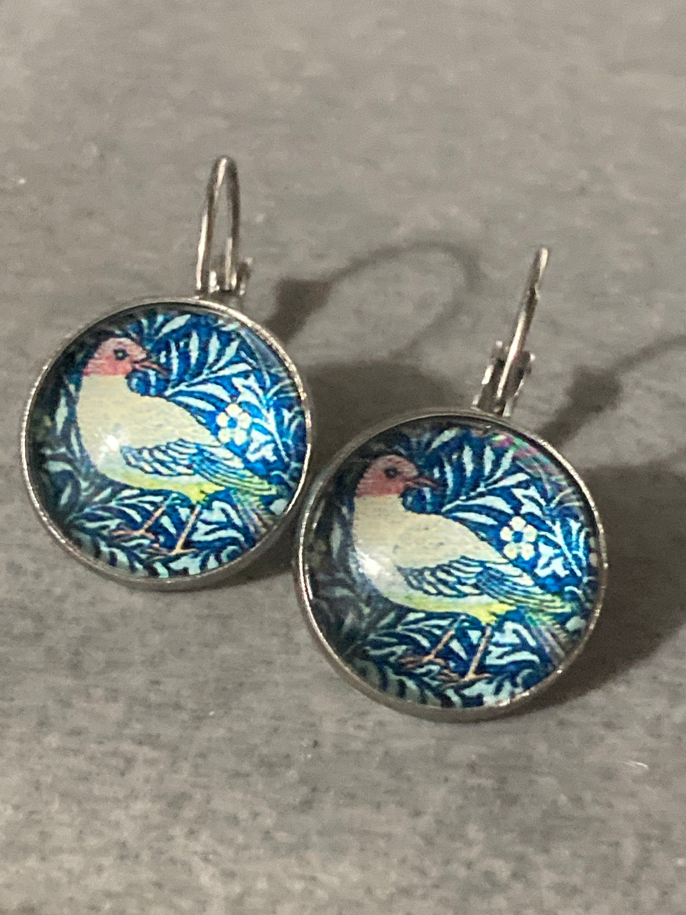 William Morris earrings round glass cabochon green bird in a bush