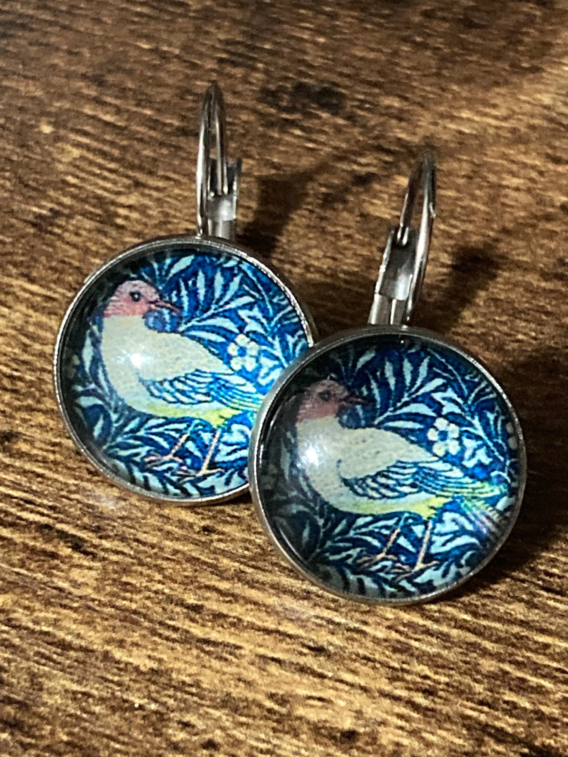 William Morris earrings round glass cabochon green bird in a bush