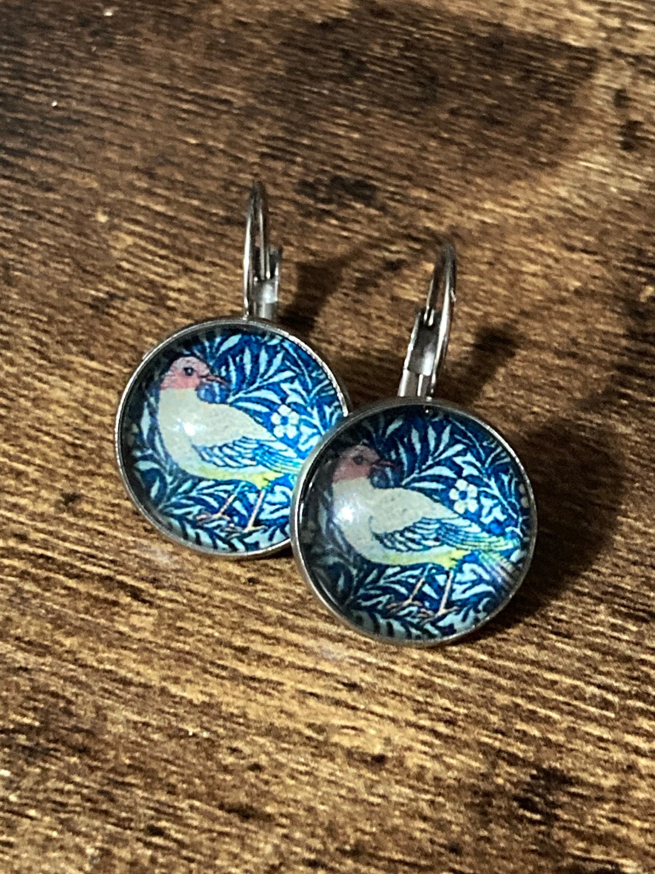 William Morris earrings round glass cabochon green bird in a bush