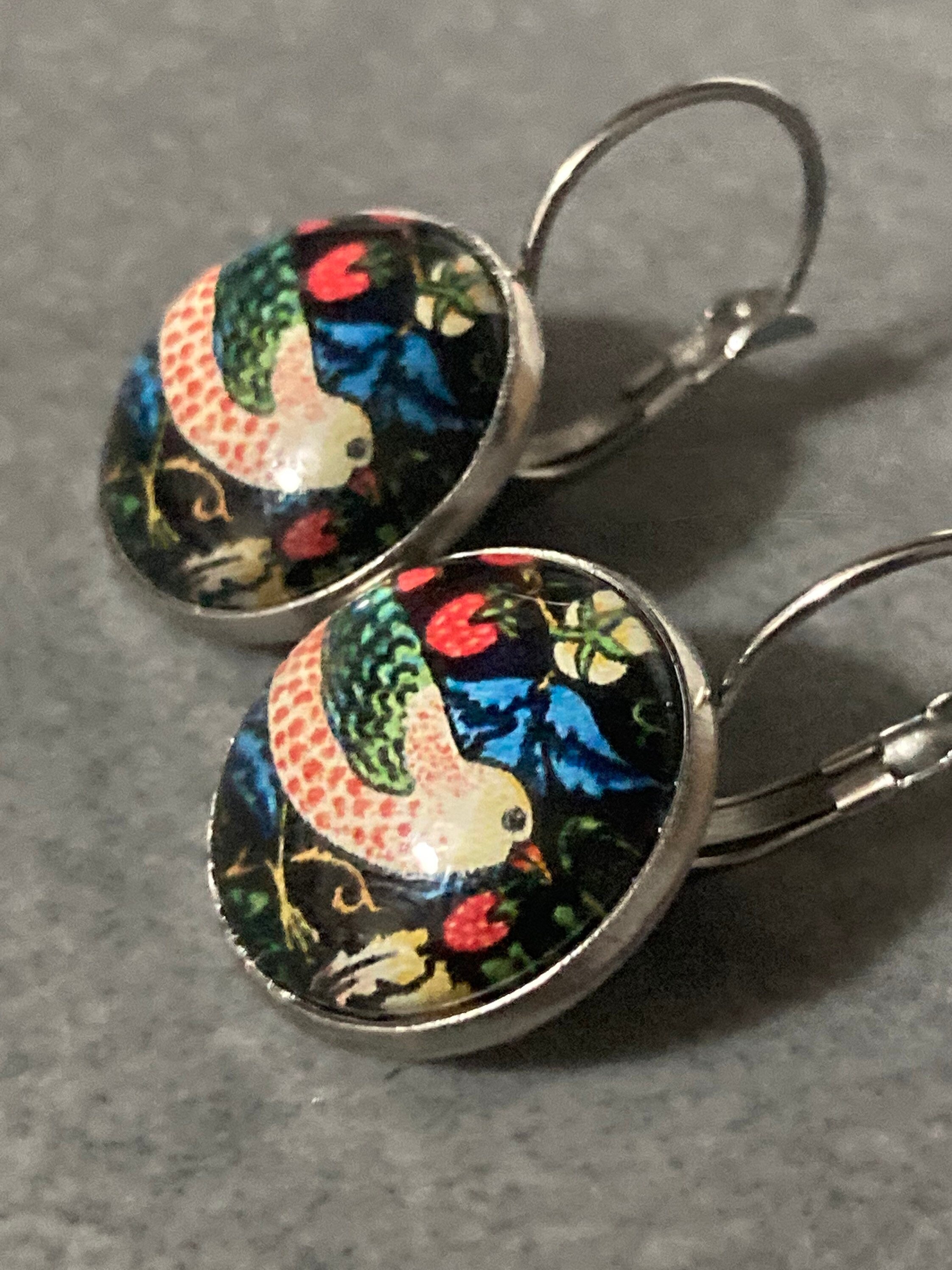 William Morris earrings, strawberry thief design with glass cabochons