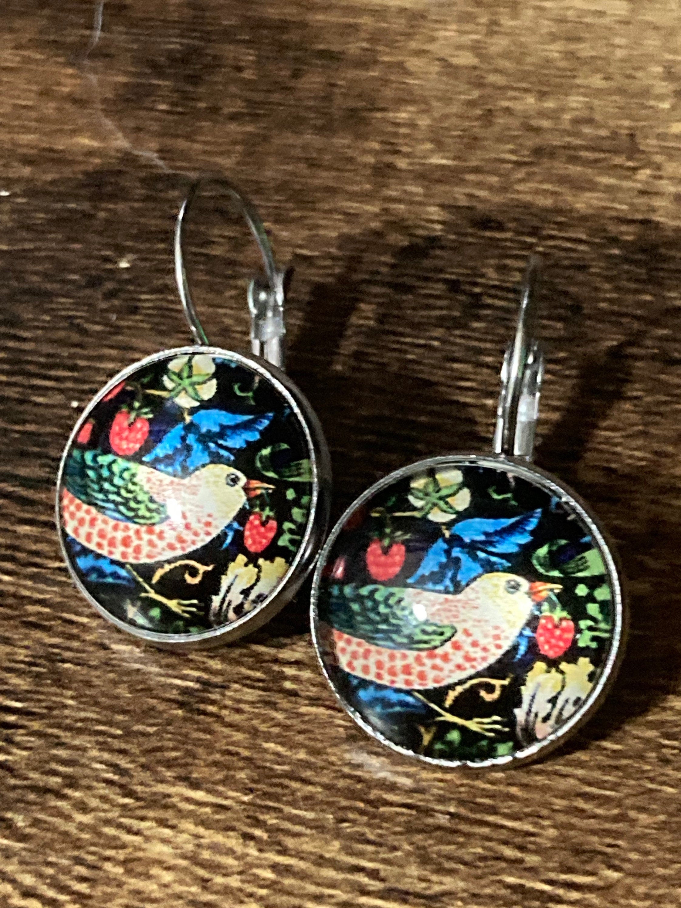 William Morris earrings, strawberry thief design with glass cabochons