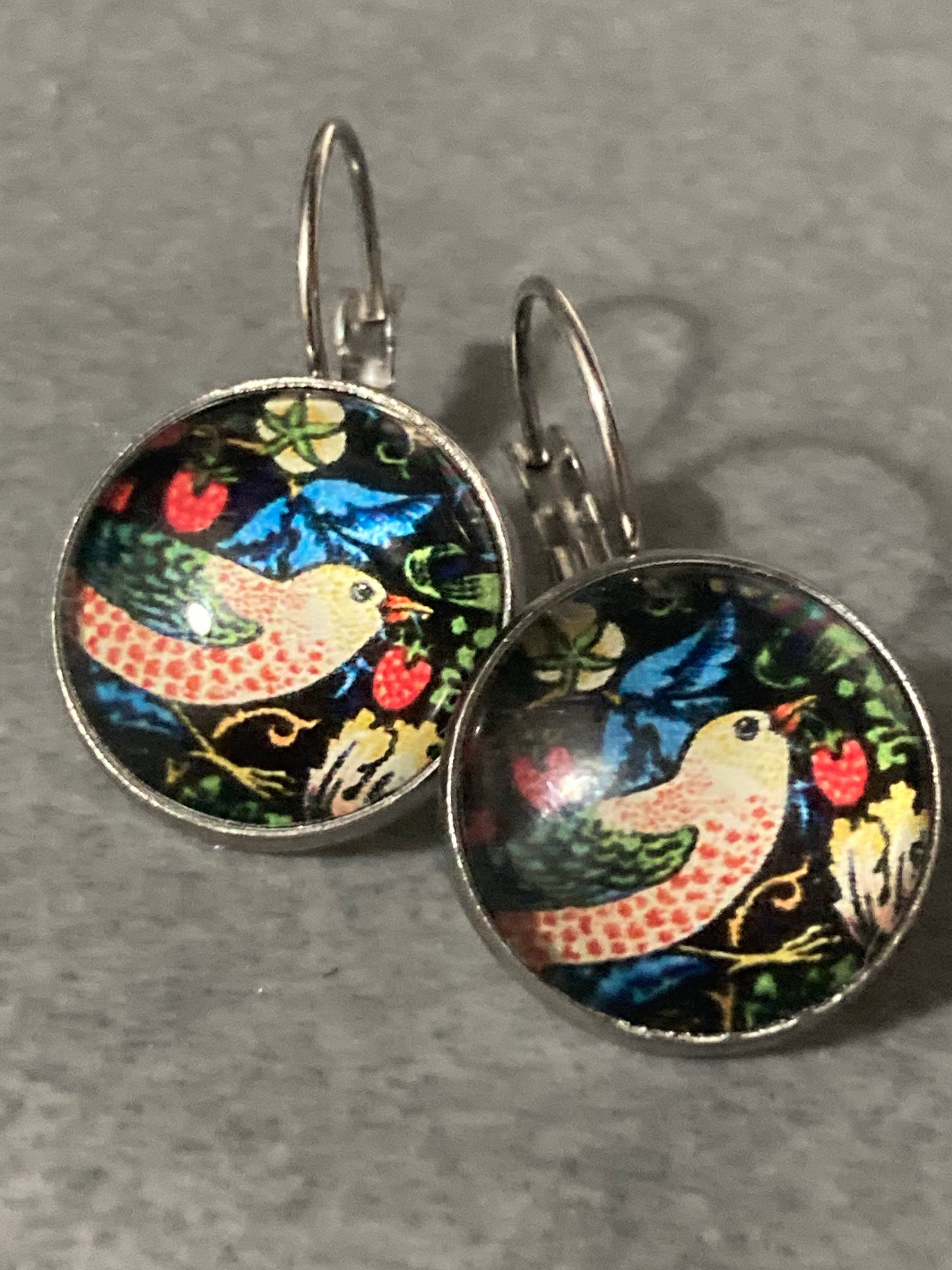 William Morris earrings, strawberry thief design with glass cabochons