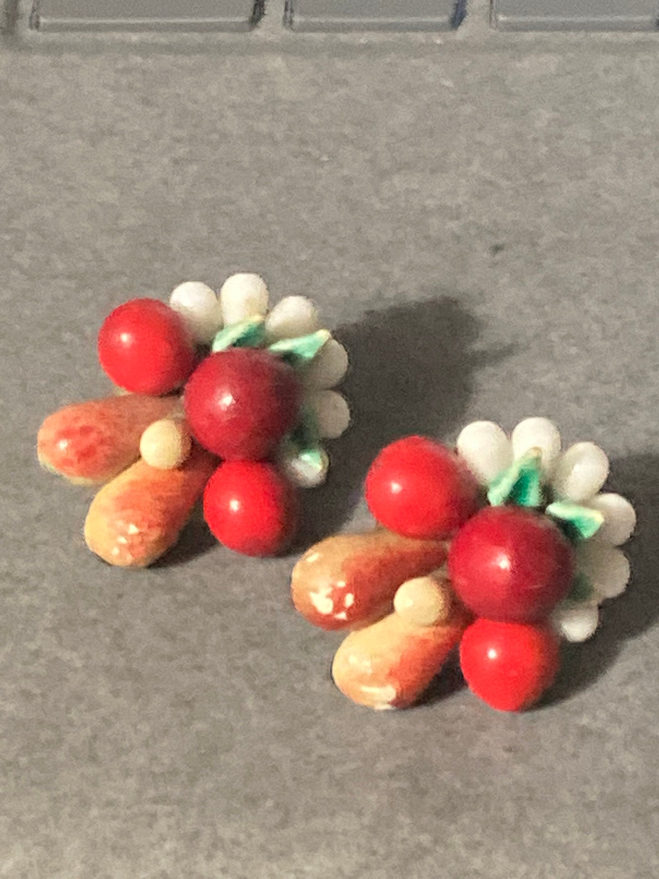 Antique FRUIT Basket clip on stud earrings 1930s