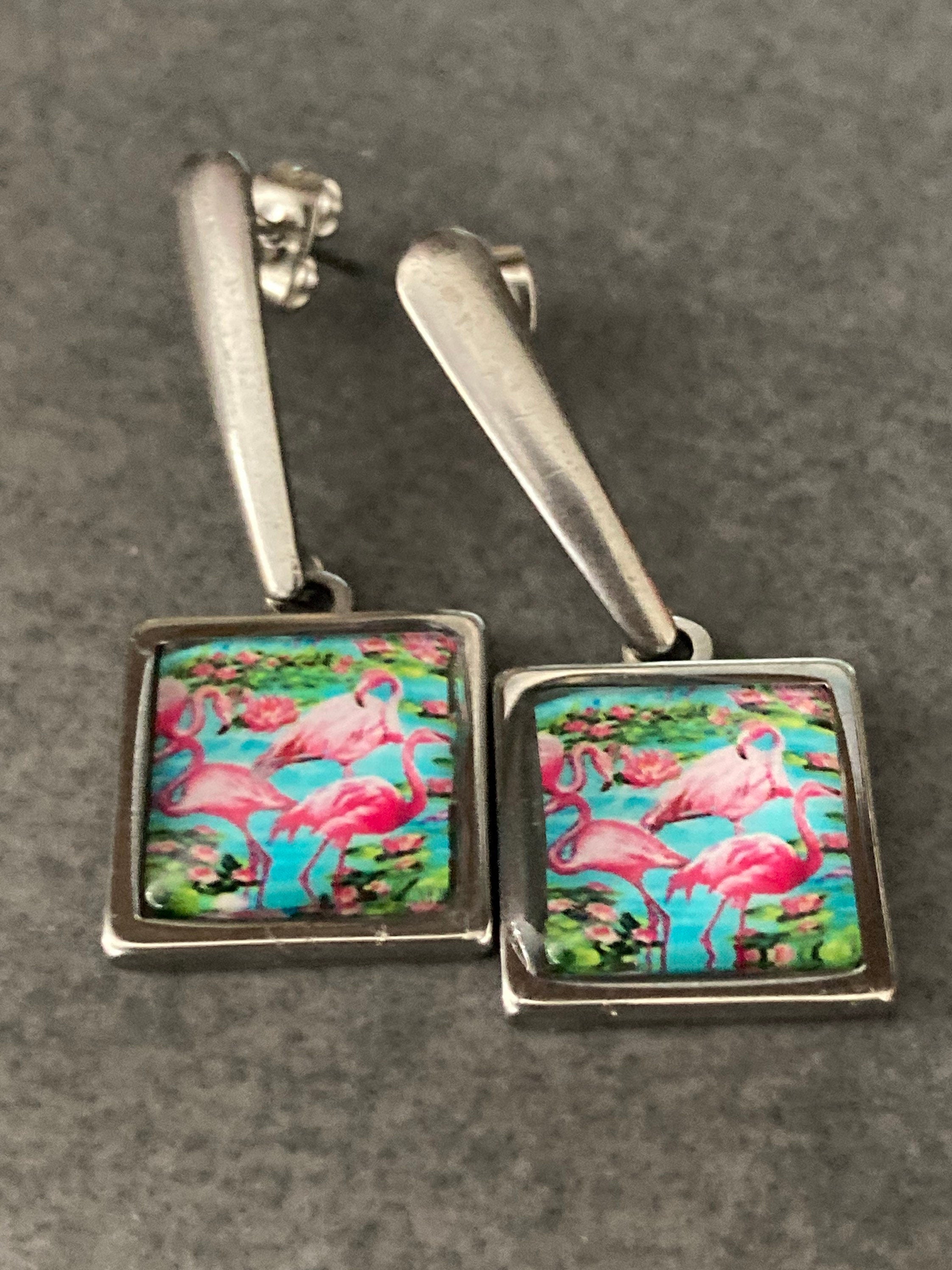 flamingo drop earrings Handmade stainless steel glass