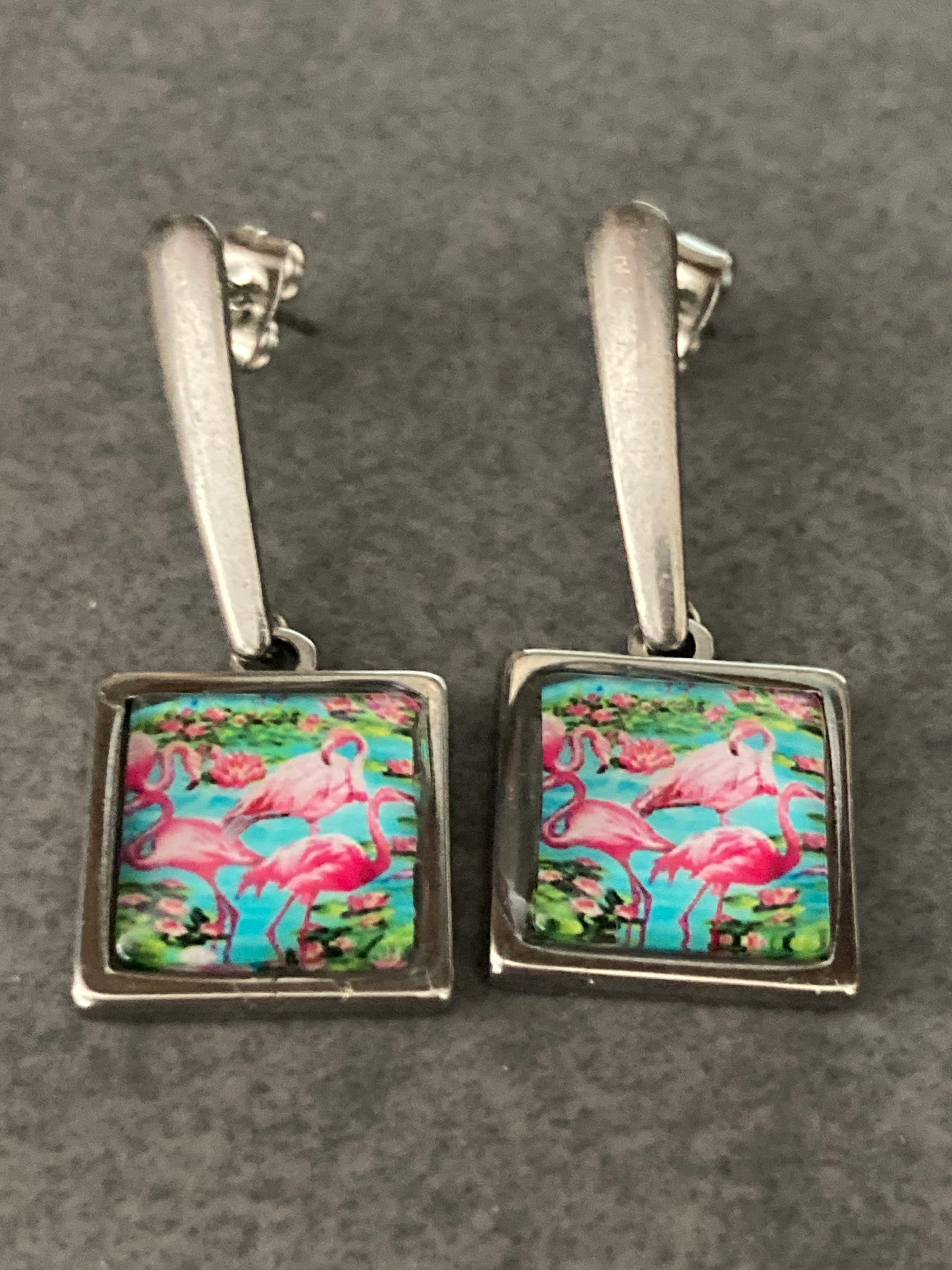 flamingo drop earrings Handmade stainless steel glass