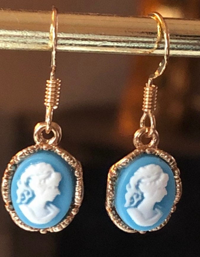 Silver plated oval blue cameo drop earrings pierced ears