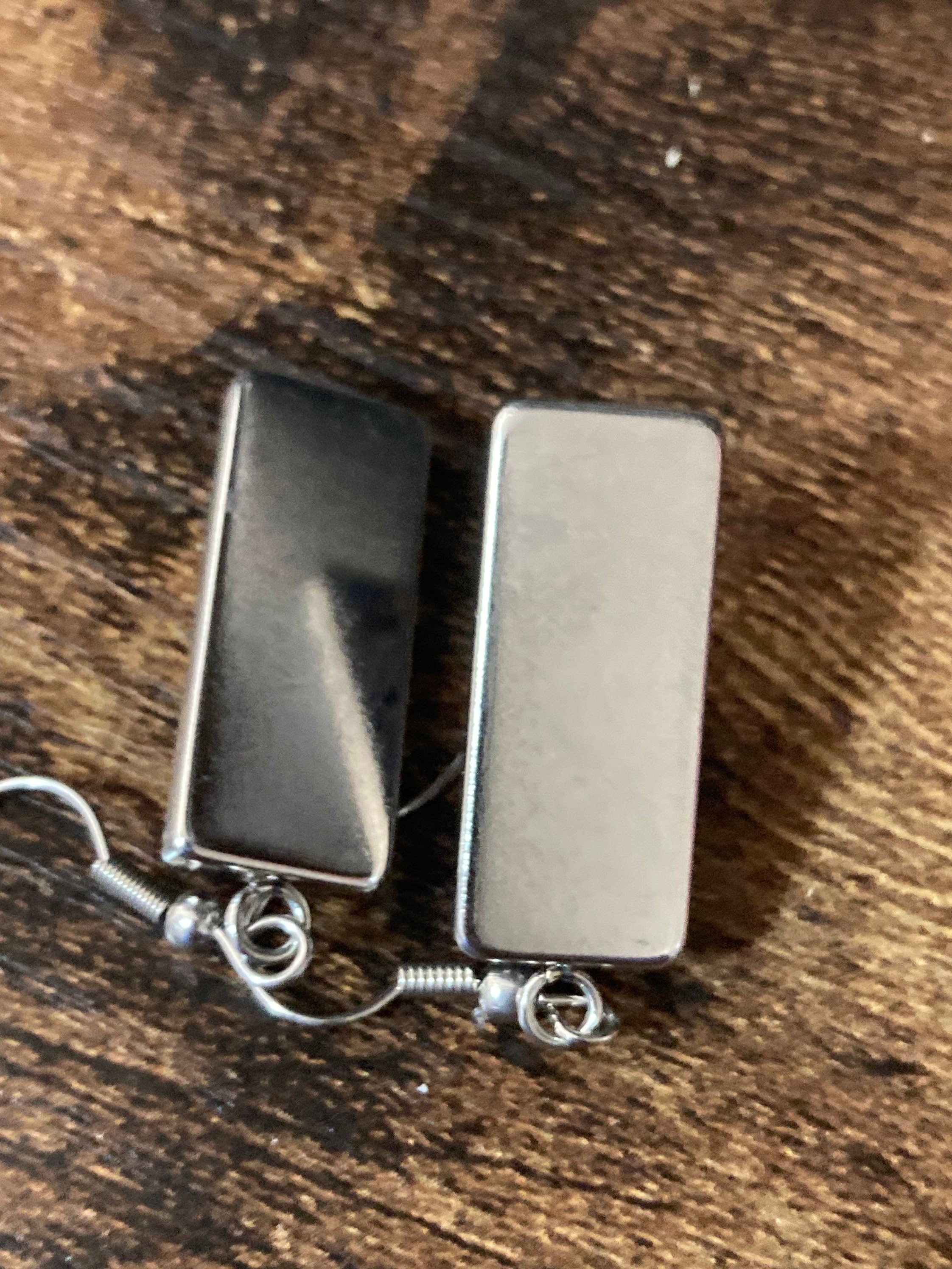 rectangular blue white floral glass cabochon dangly drop earrings