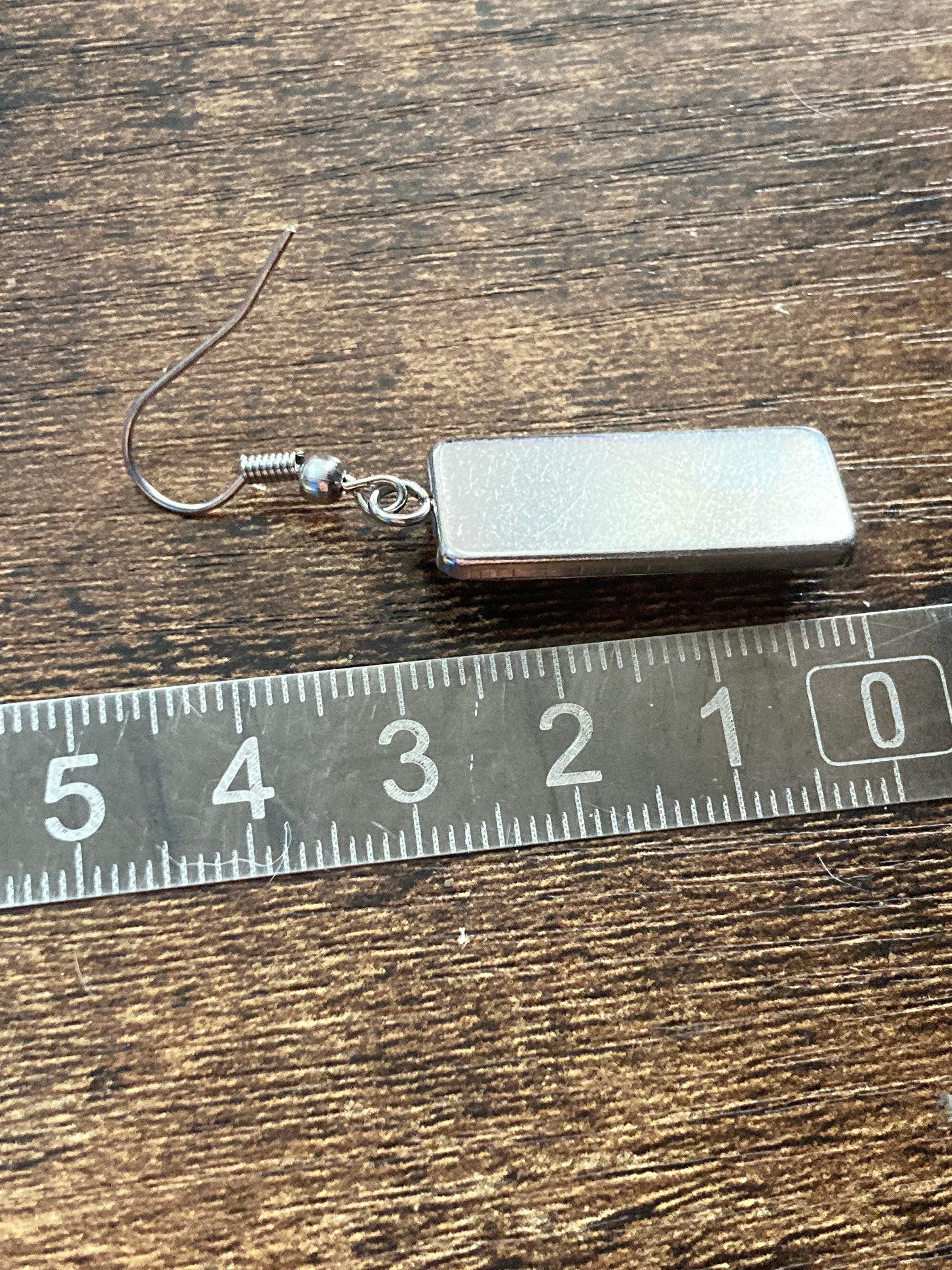 rectangular blue white floral glass cabochon dangly drop earrings