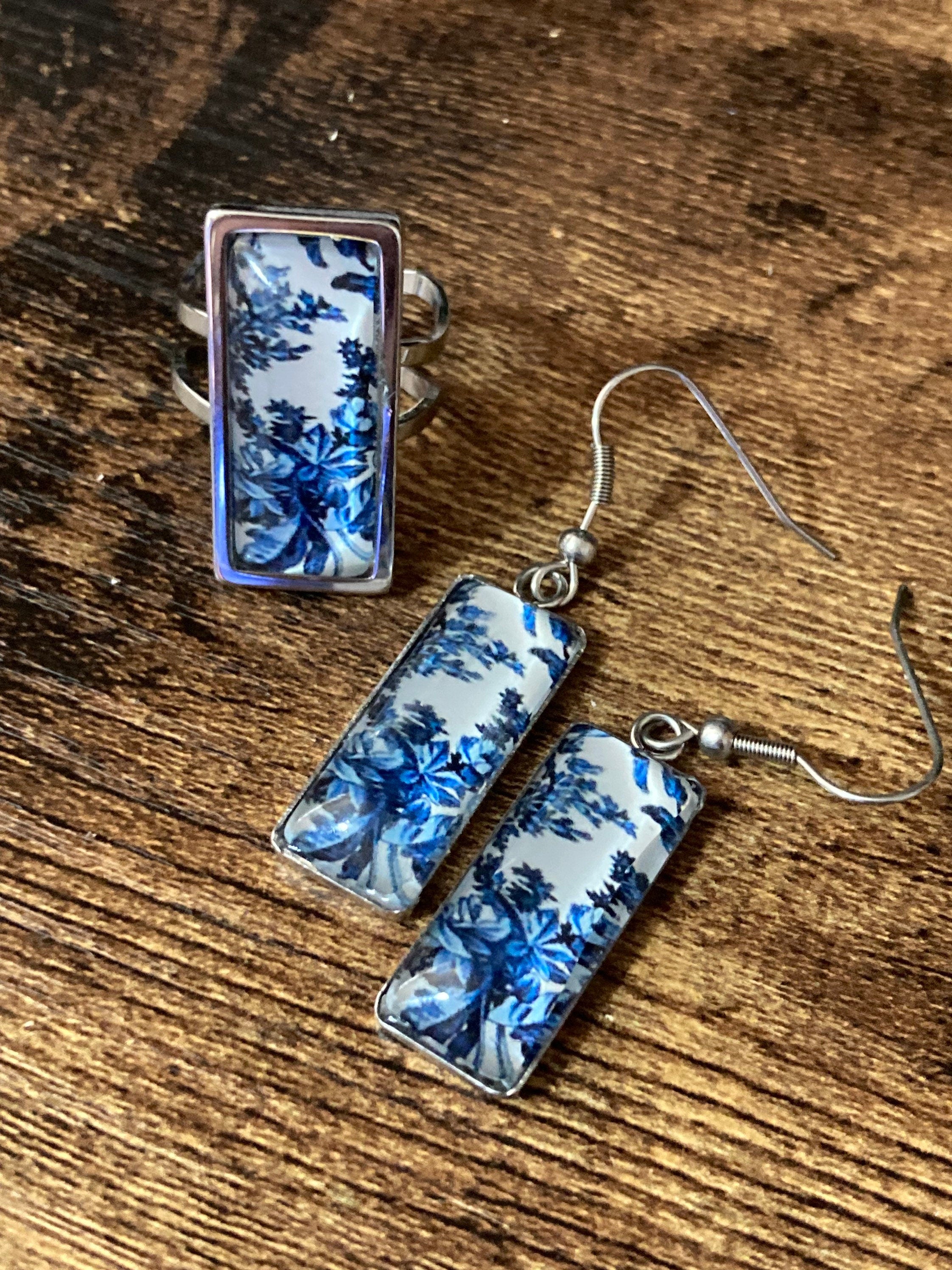 rectangular blue white floral glass cabochon dangly drop earrings