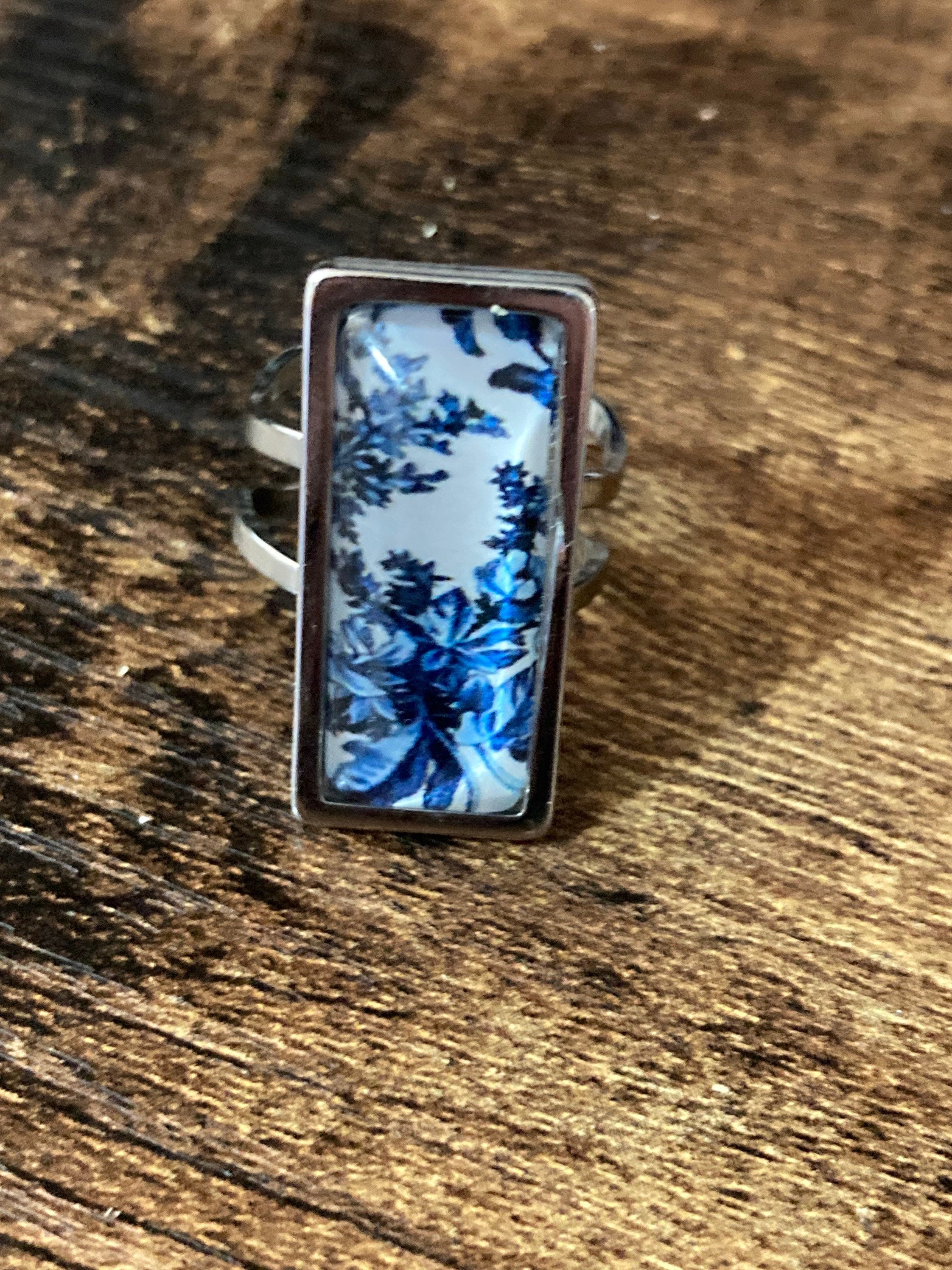 rectangular blue white floral glass cabochon dangly drop earrings