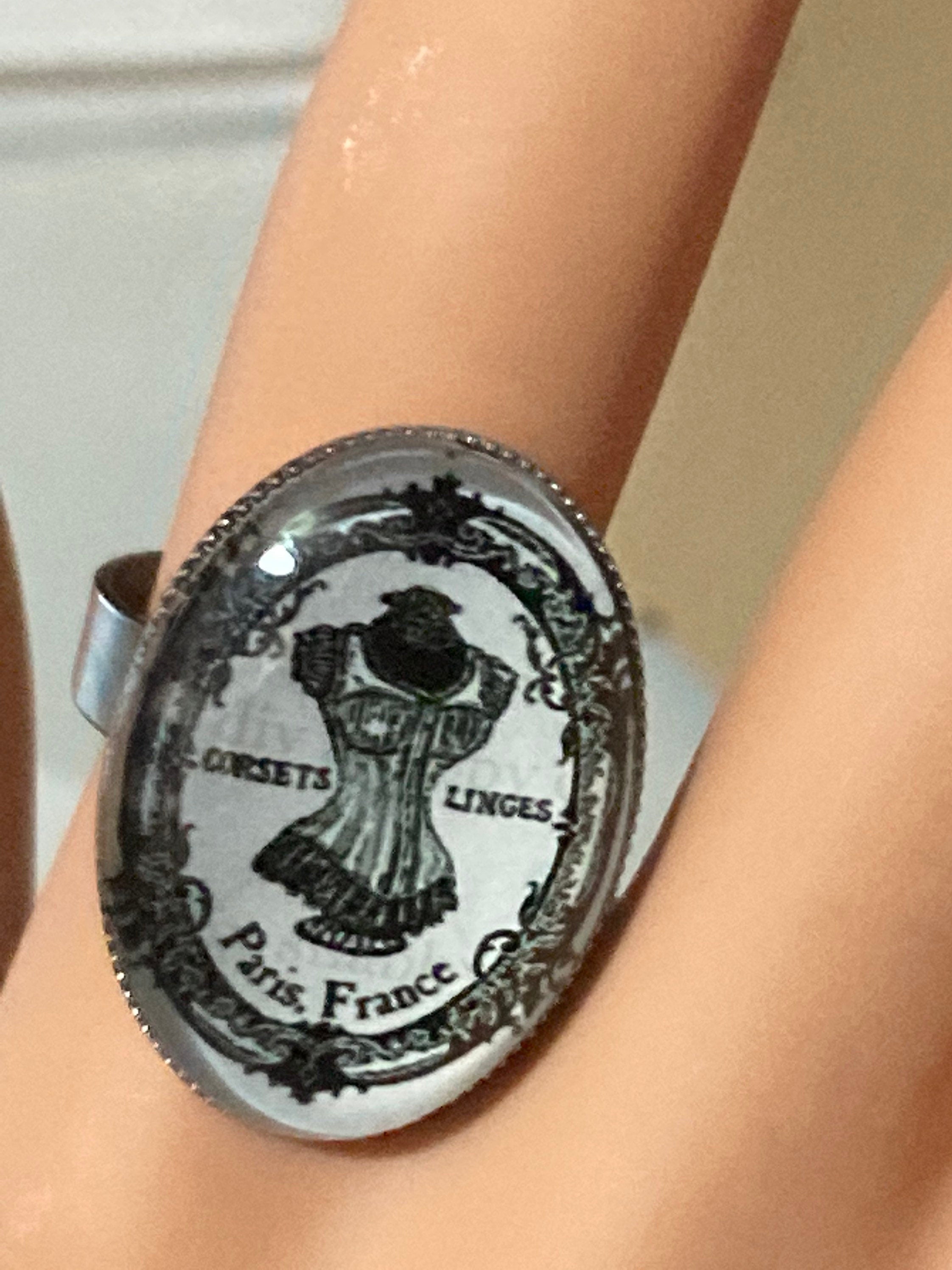 Oversized Parisian couture corset ring 25mm stainless steel design oval glass cabochon adjustable size