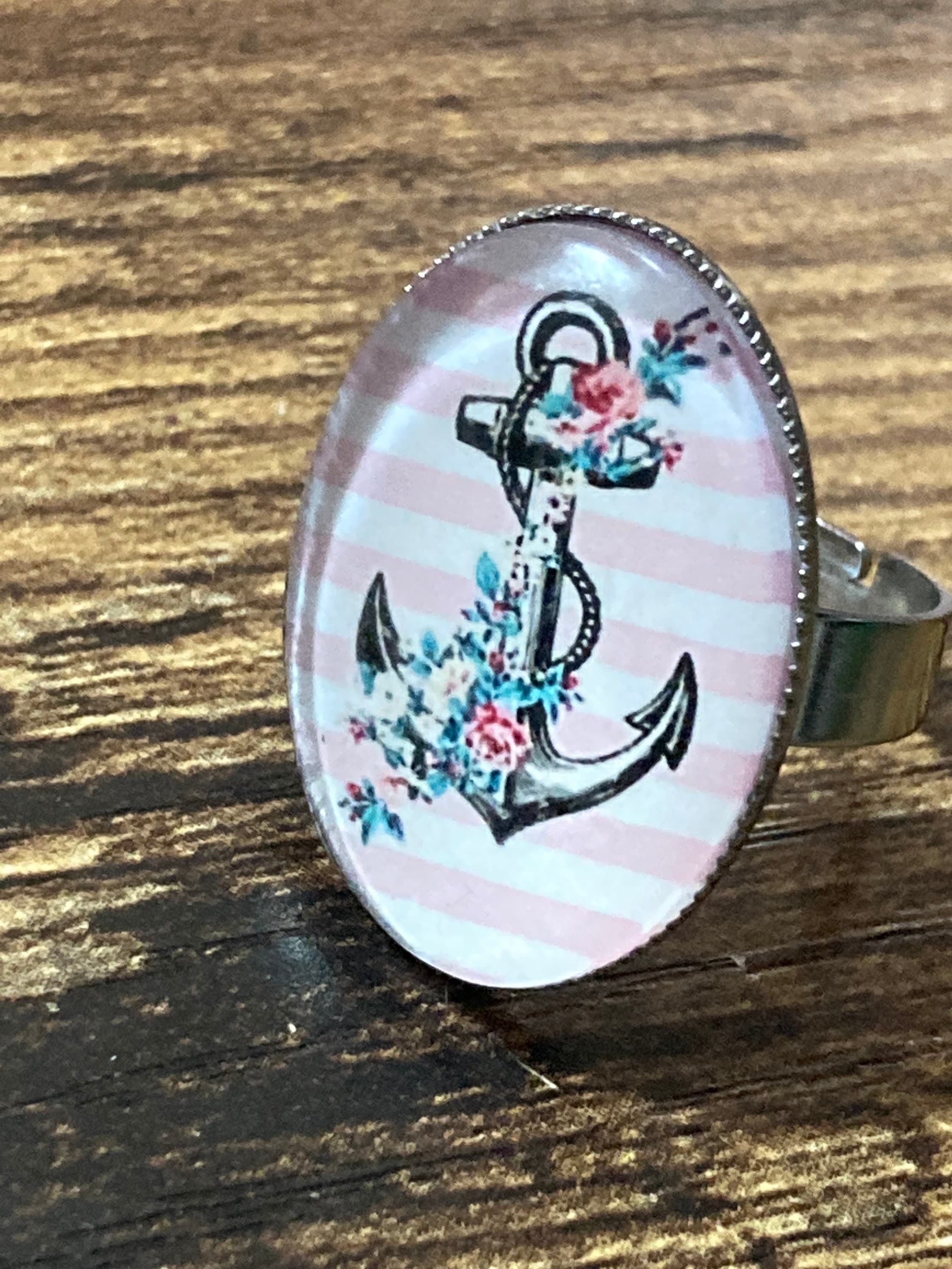 Oversized nautical anchor ring 25mm stainless steel oval glass cabochon adjustable