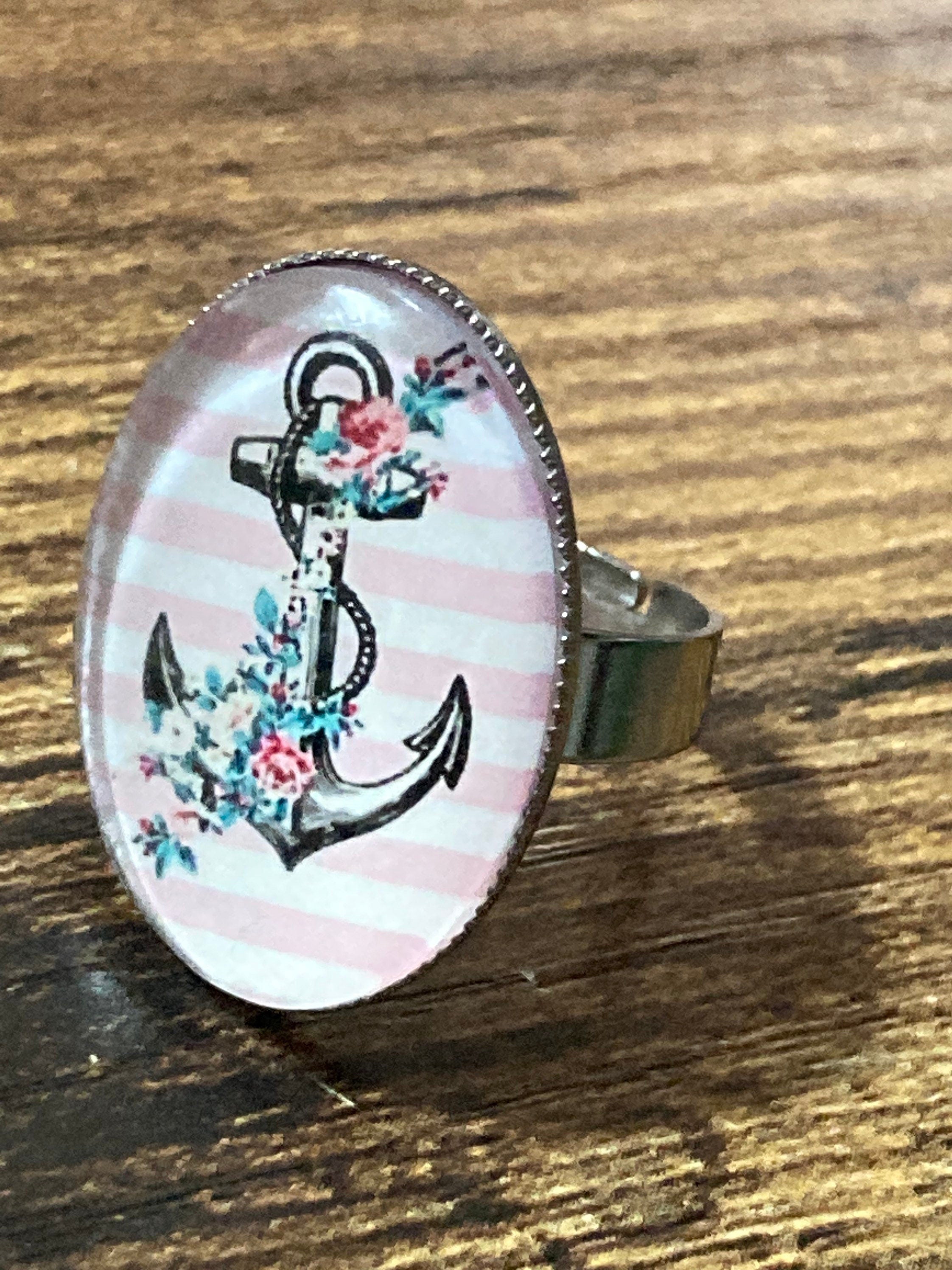 Oversized nautical anchor ring 25mm stainless steel oval glass cabochon adjustable
