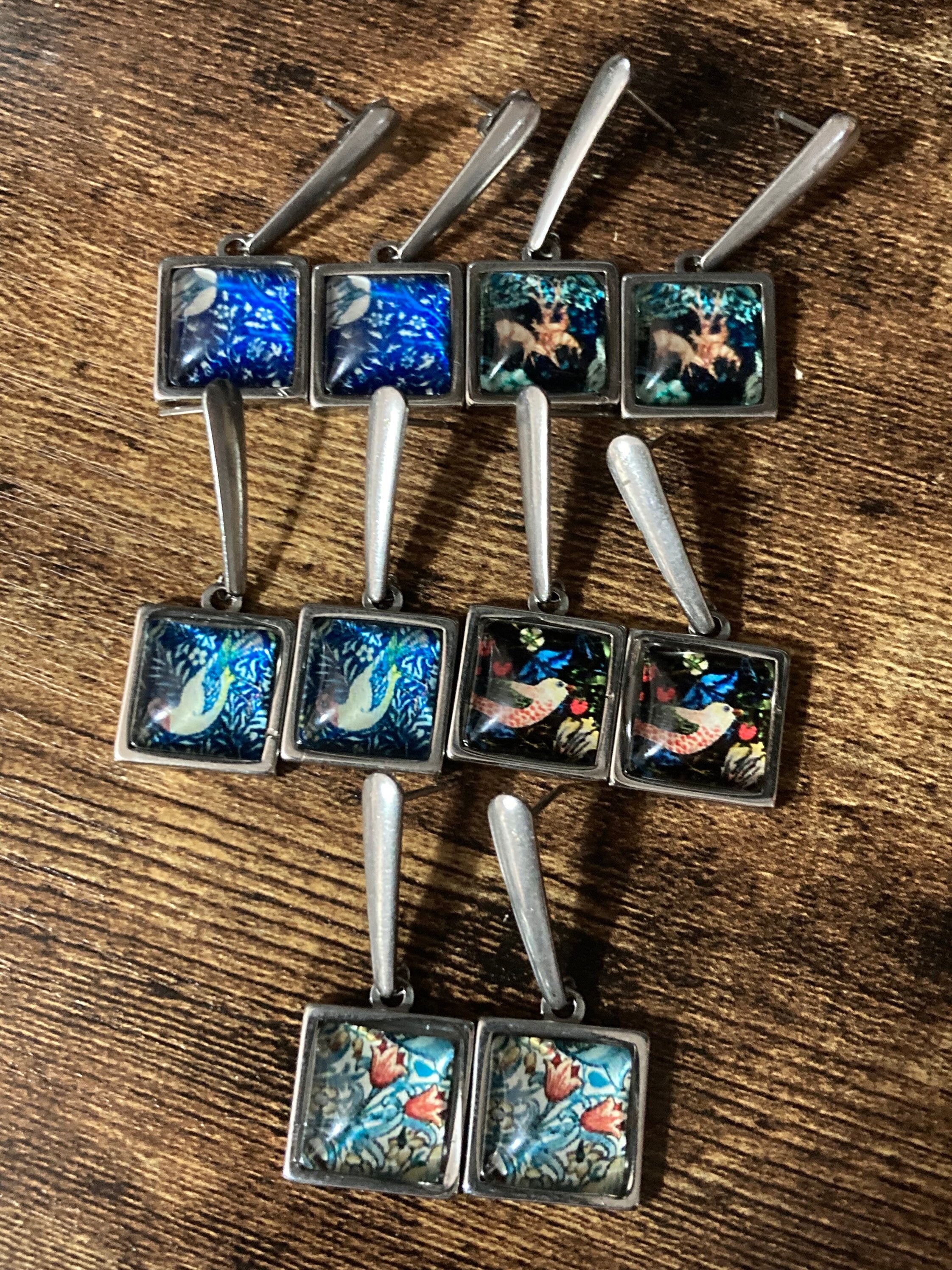 bird earrings square glass cabochon drops blue William Morris style design