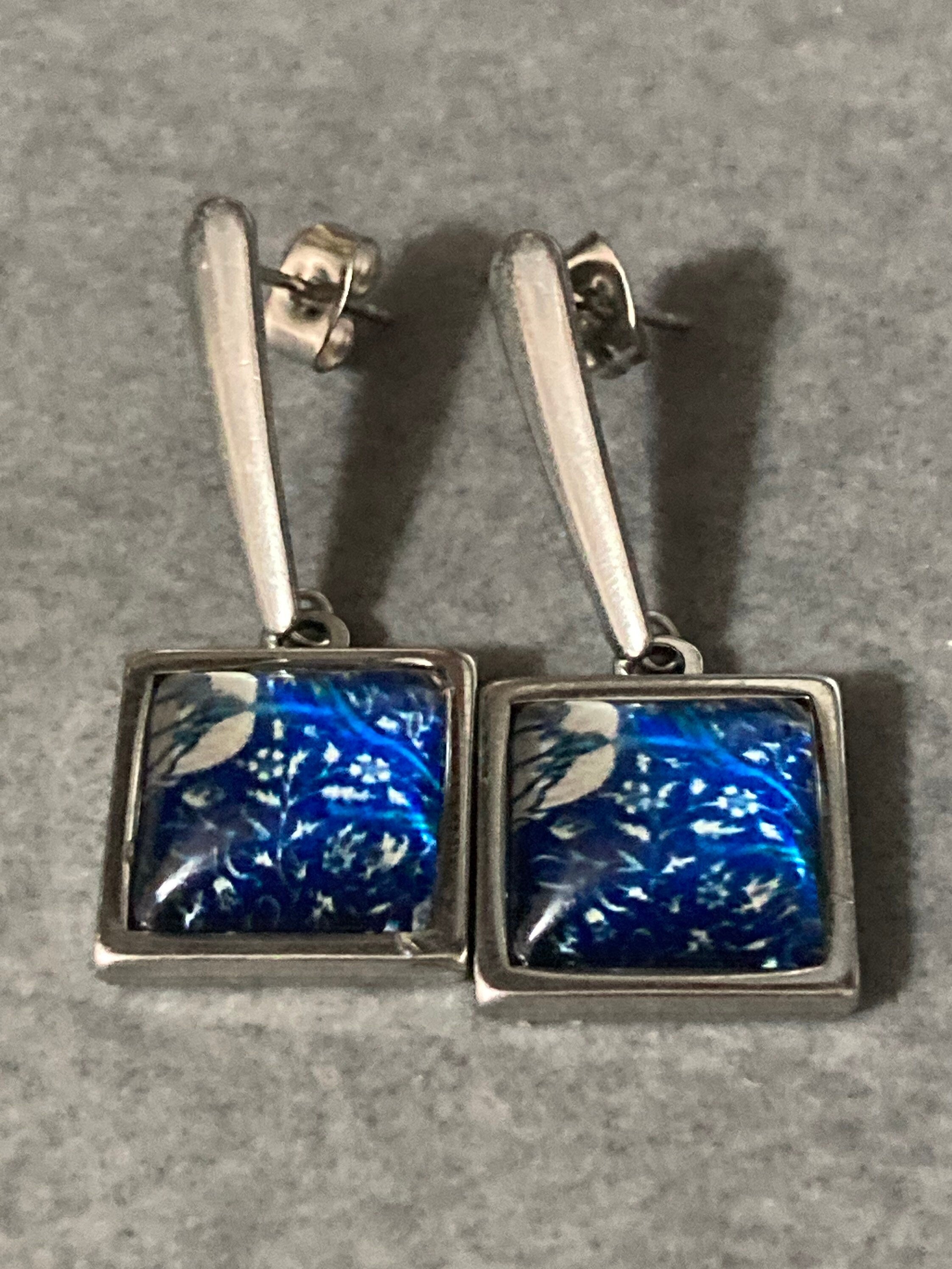 William Morris print earrings square glass cabochon drops blue