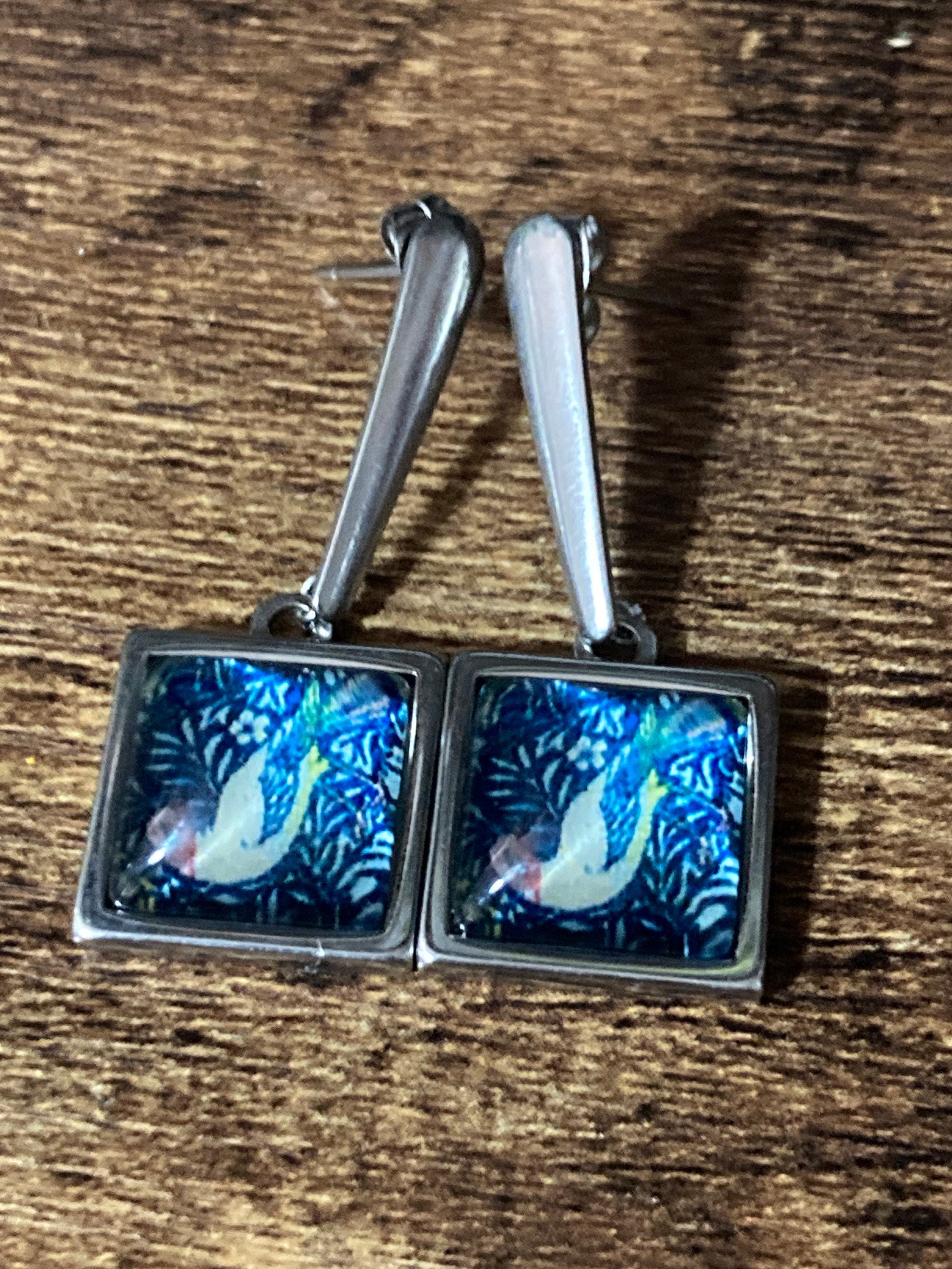 bird earrings square glass cabochon drops blue William Morris style design