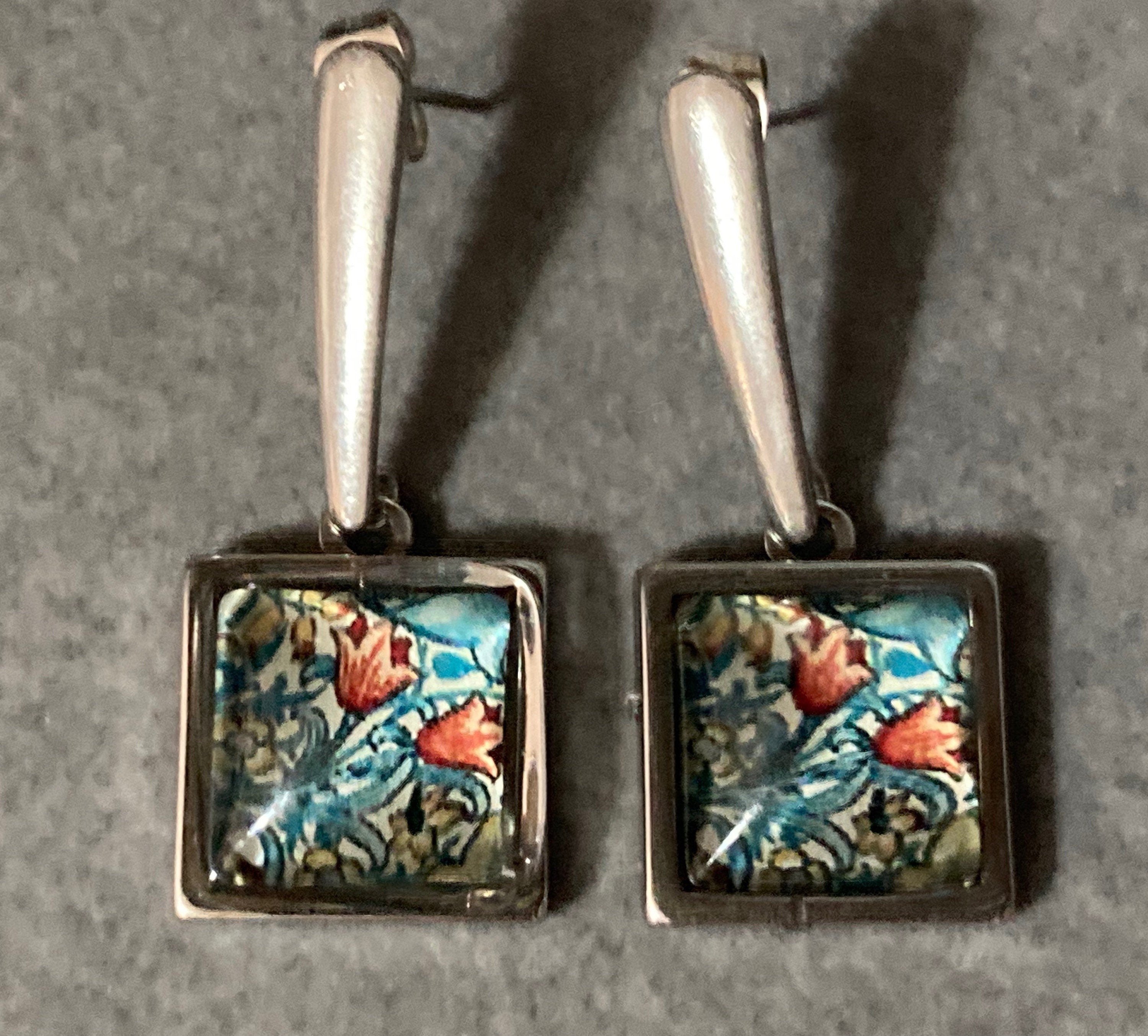 William Morris print earrings square glass cabochon drop silver blue orange tulips