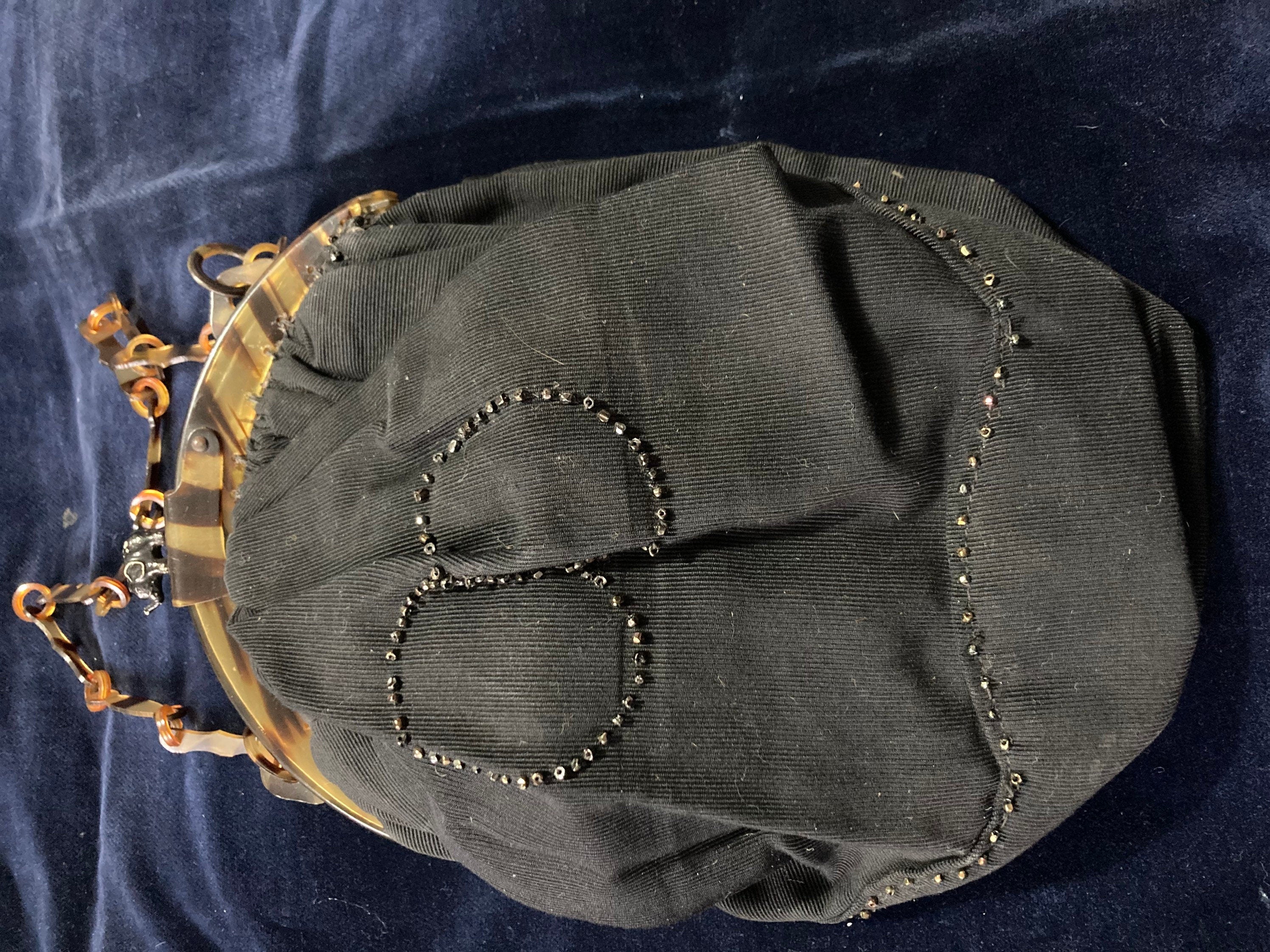 Art Deco black grosgrain seed beaded evening purse with faux tortoiseshell elephant clasp