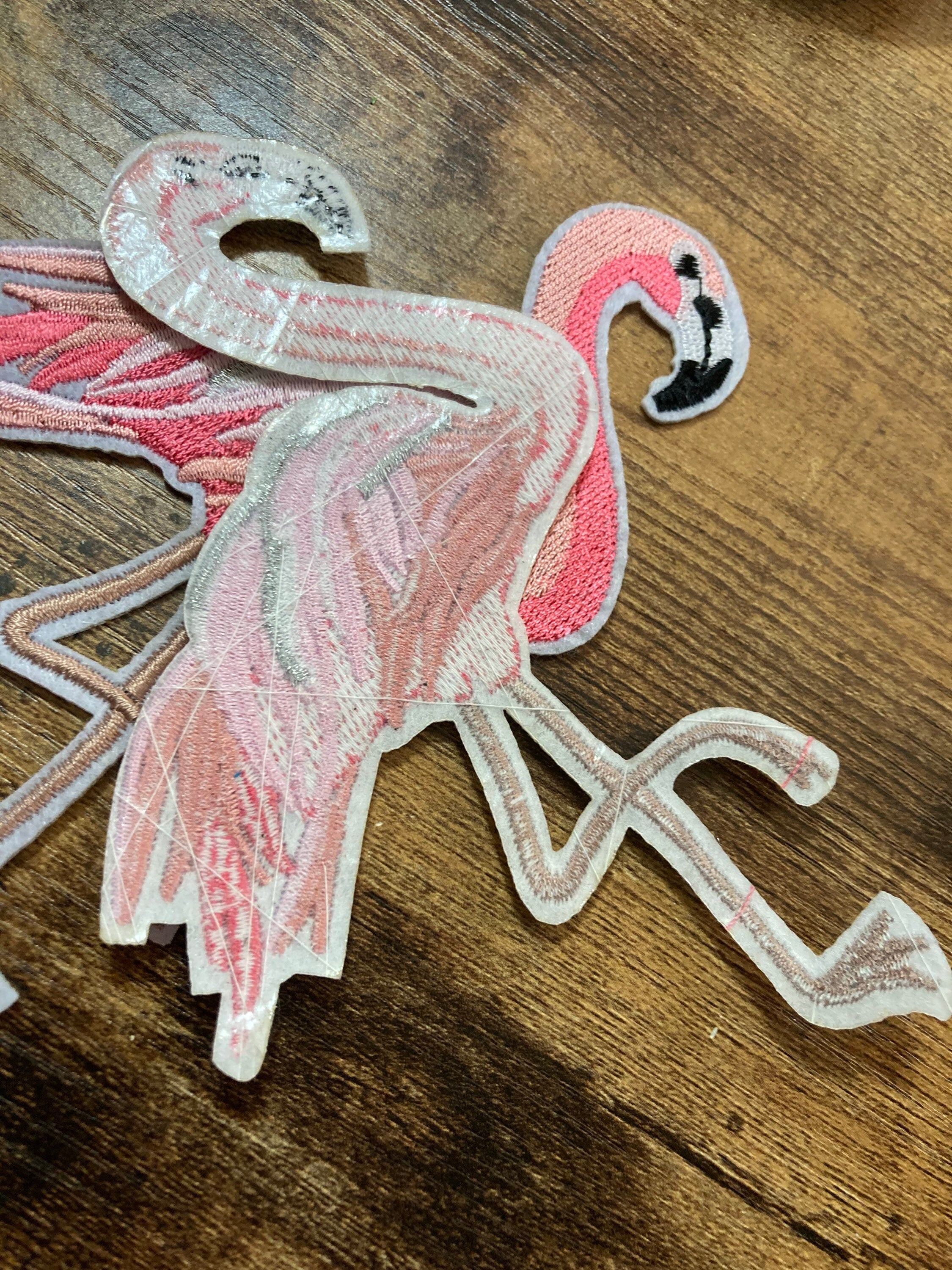 Embroidered Flamingo Iron On Patches: Pink & Silver Appliqués (15cm x 10cm)