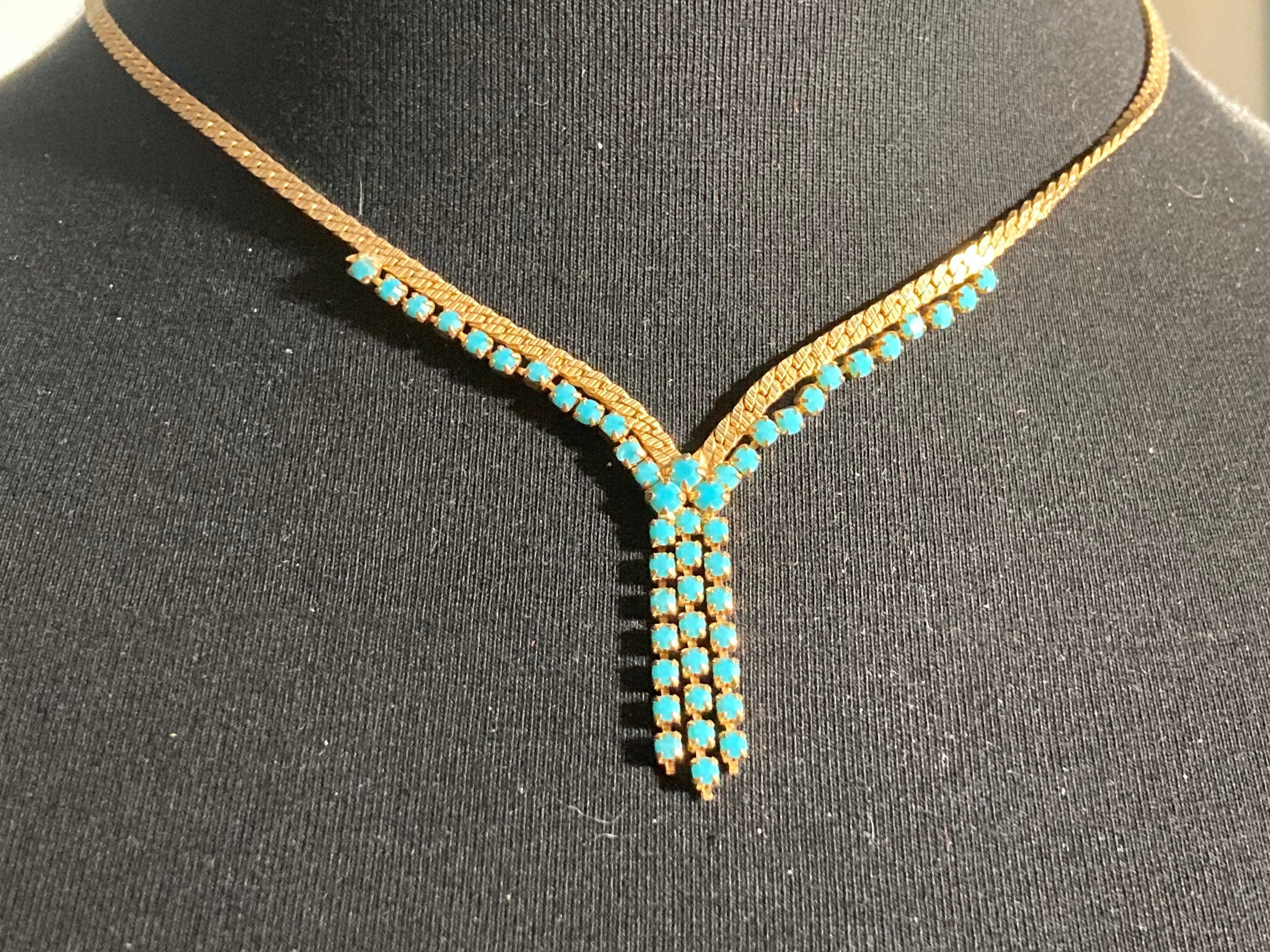 1970s gold tone mesh lariat drop necklace with turquoise glass paste