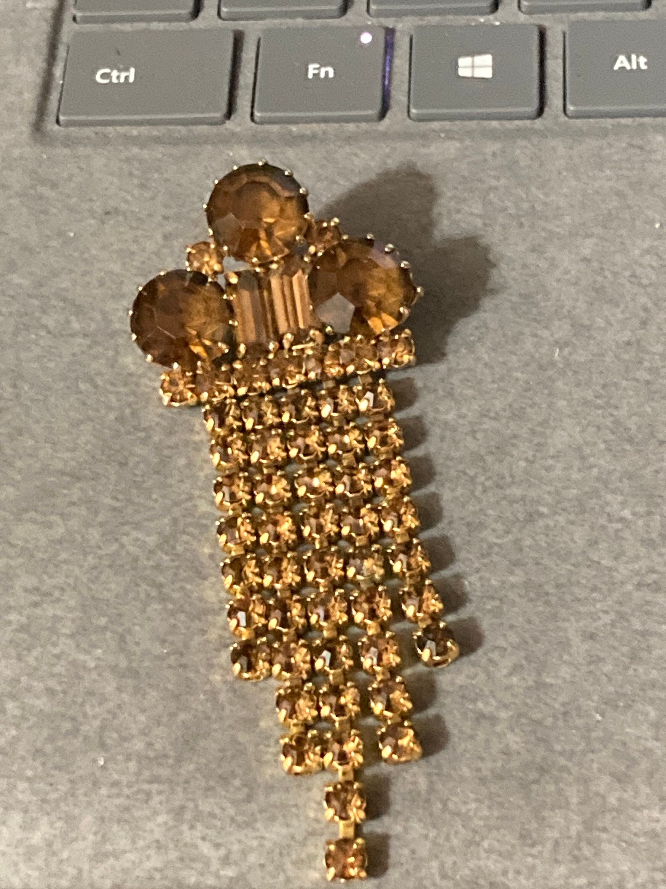 1950s brown cognac glass waterfall brooch, gold tone
