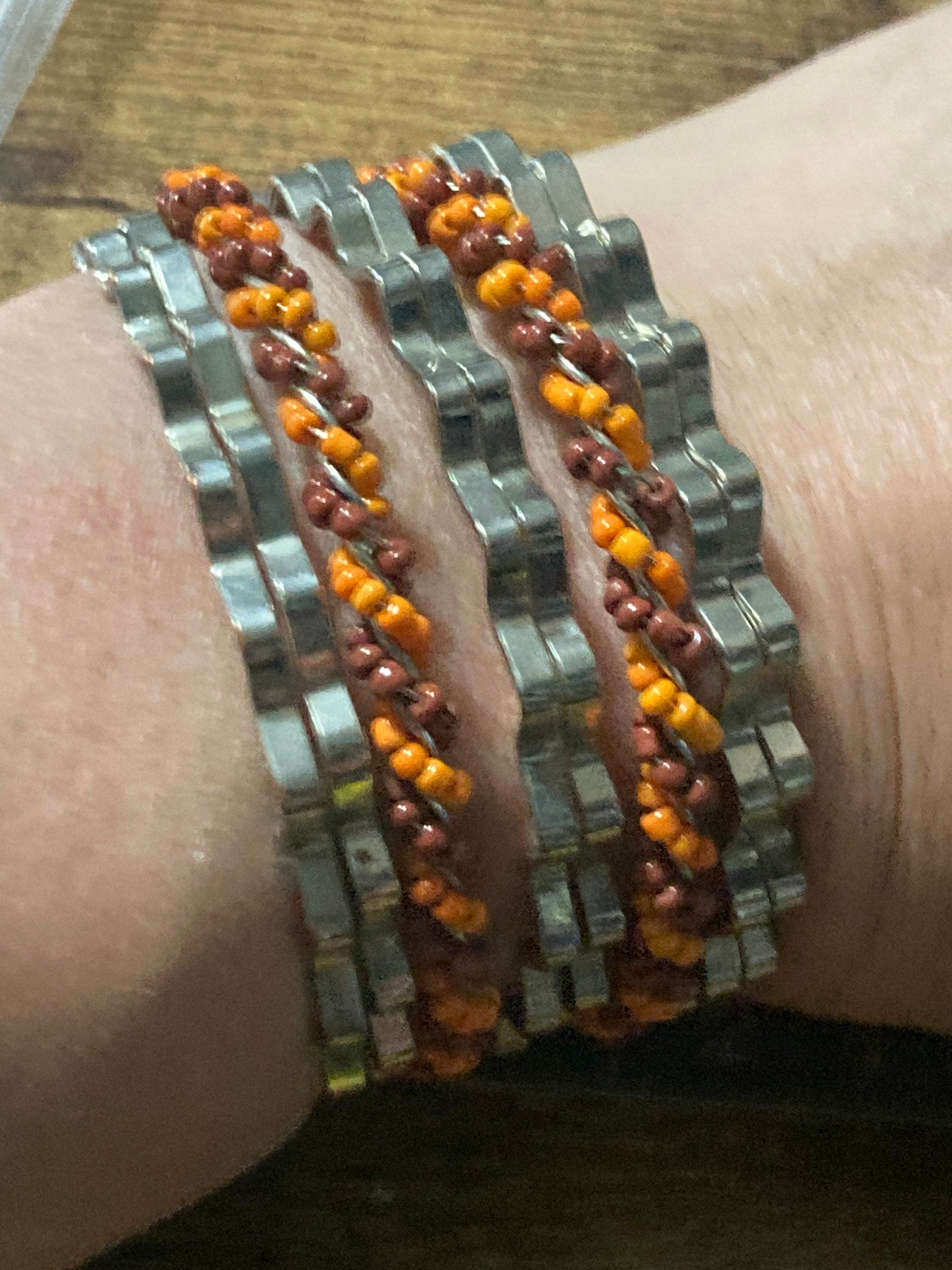 Retro modernist silver tone coral beaded wide cuff bangle