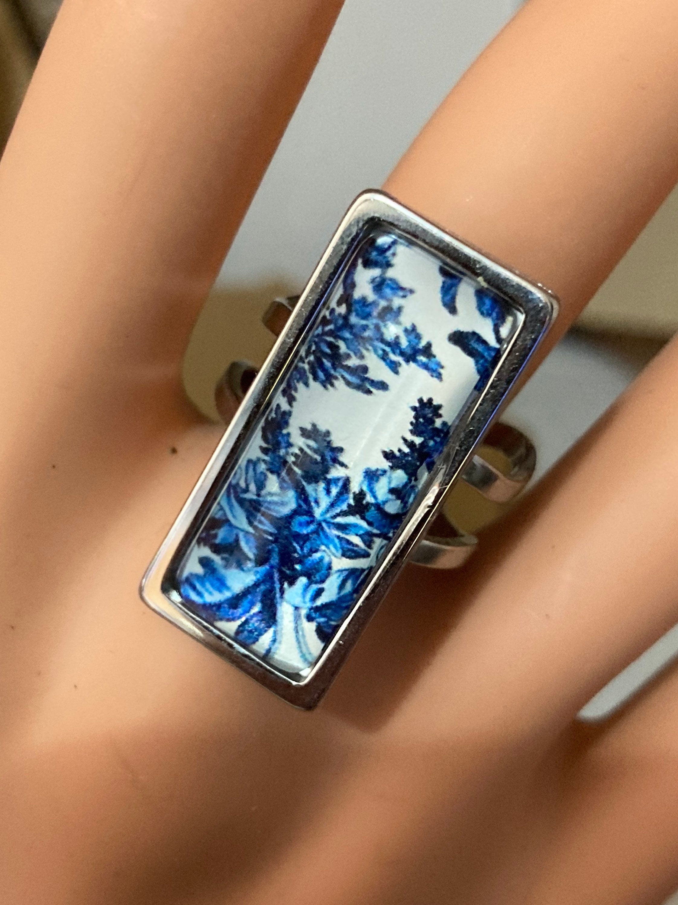 rectangular blue white floral glass cabochon dangly drop earrings