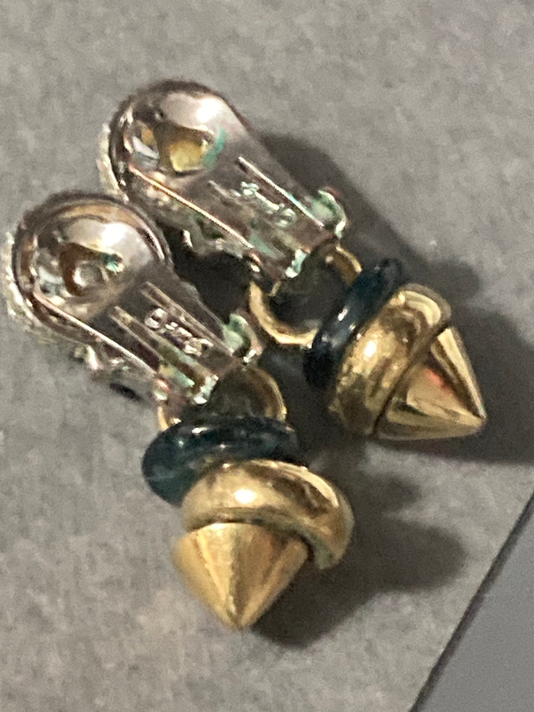 As found Signed GROSSE German designer silver & gold tone clip on diamanté ball drop earrings