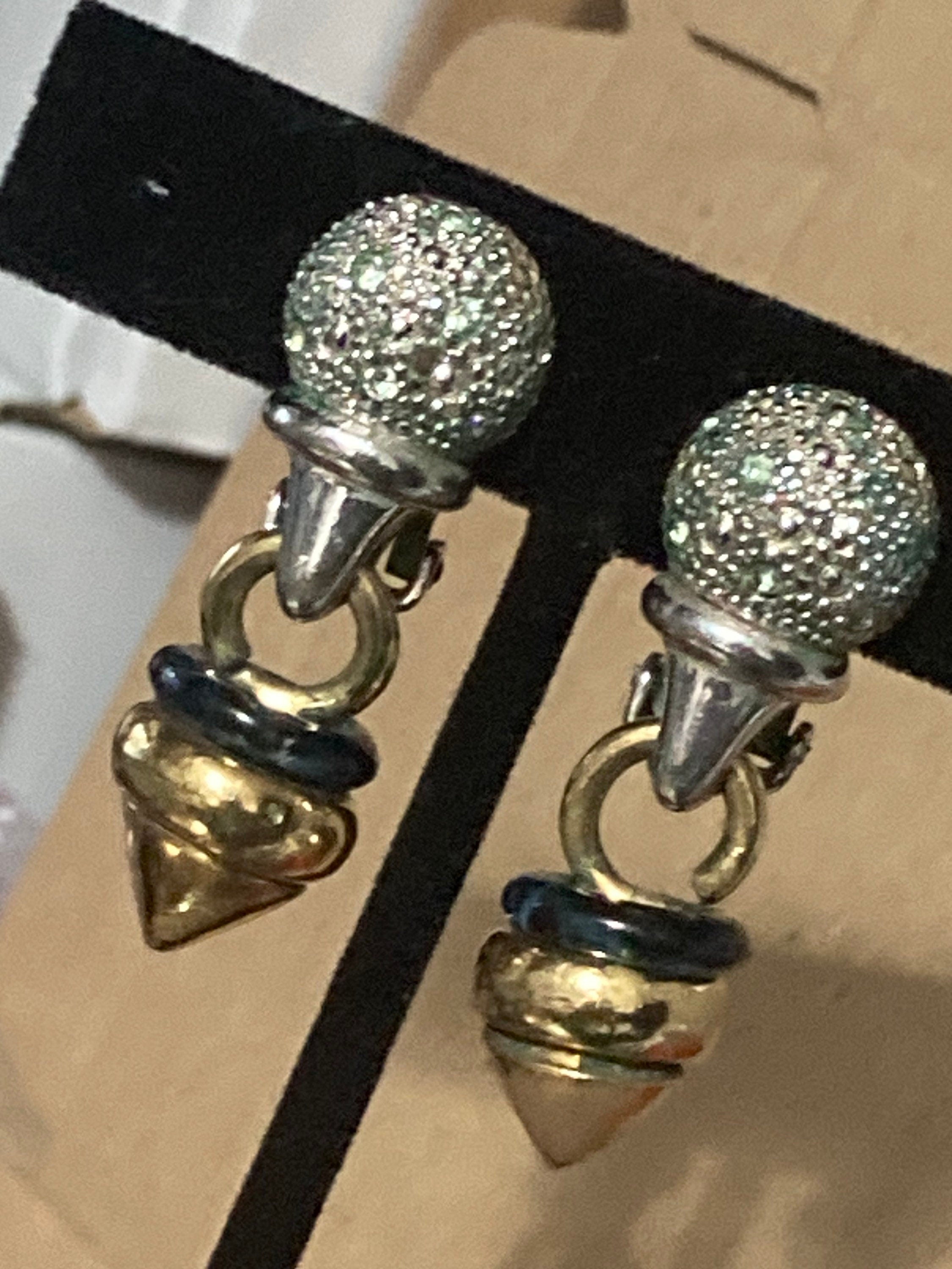 As found Signed GROSSE German designer silver & gold tone clip on diamanté ball drop earrings