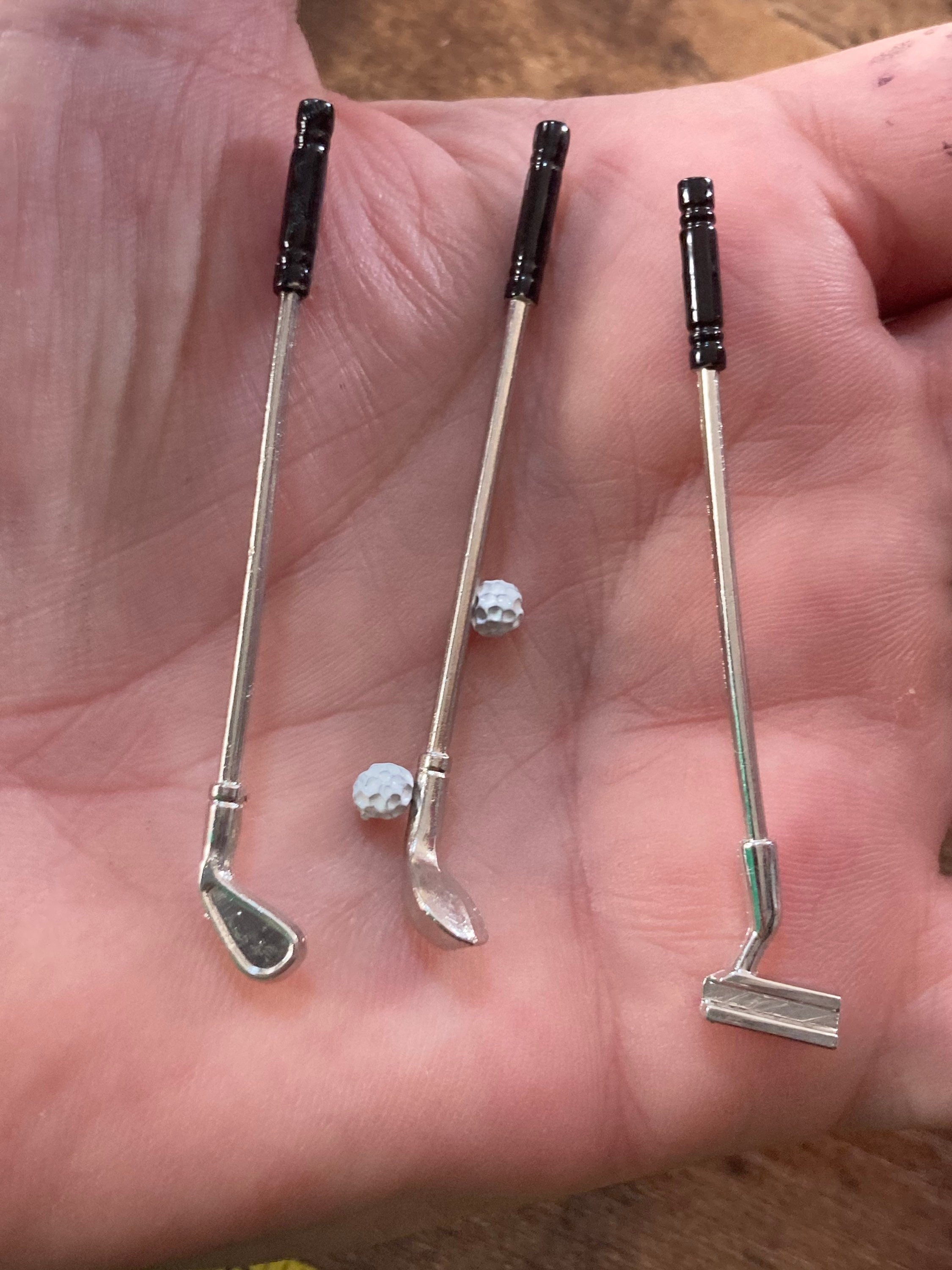 Miniature set of golf clubs cake topper decoration or dollhouse