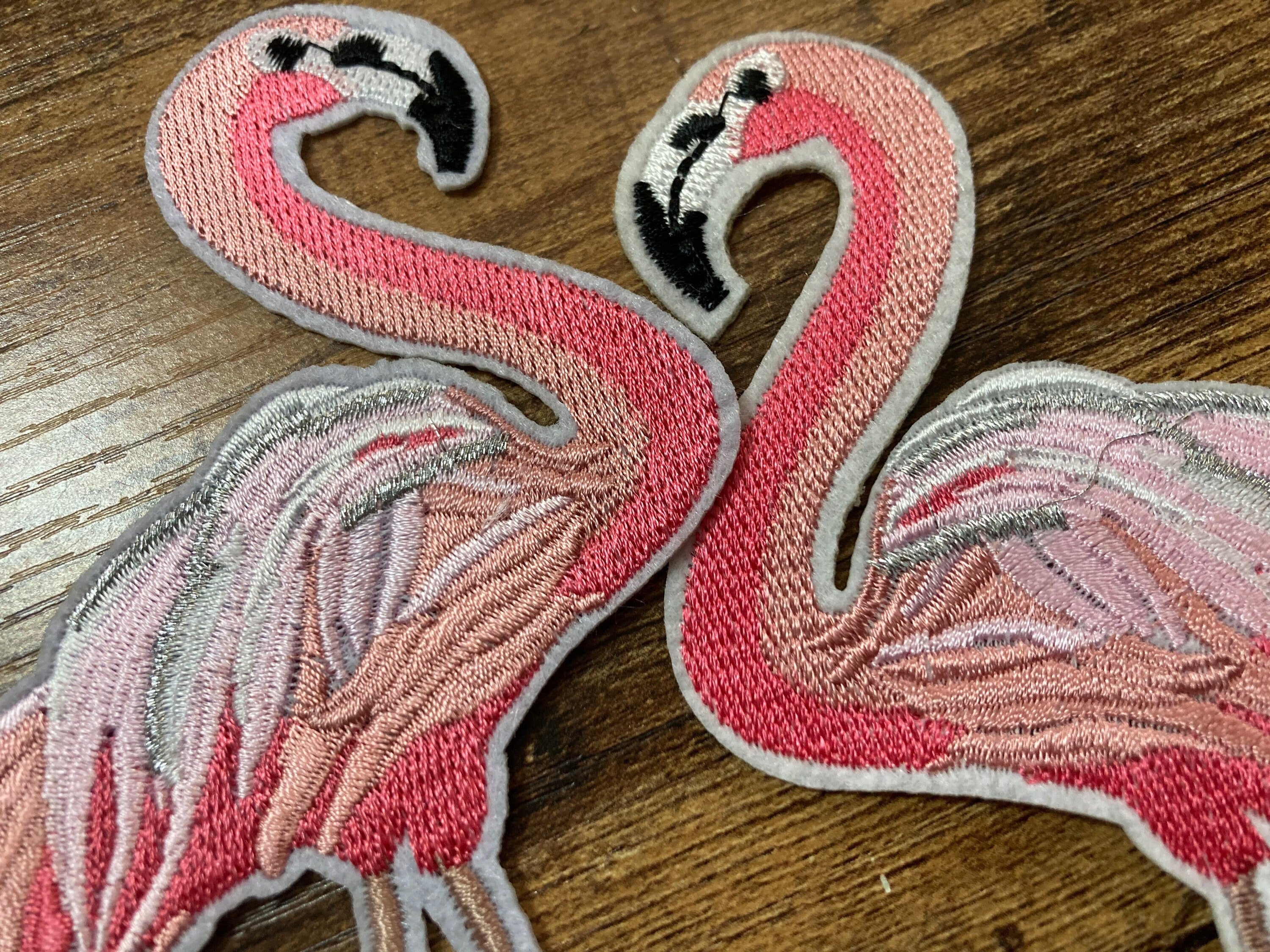 Embroidered Flamingo Iron On Patches: Pink & Silver Appliqués (15cm x 10cm)
