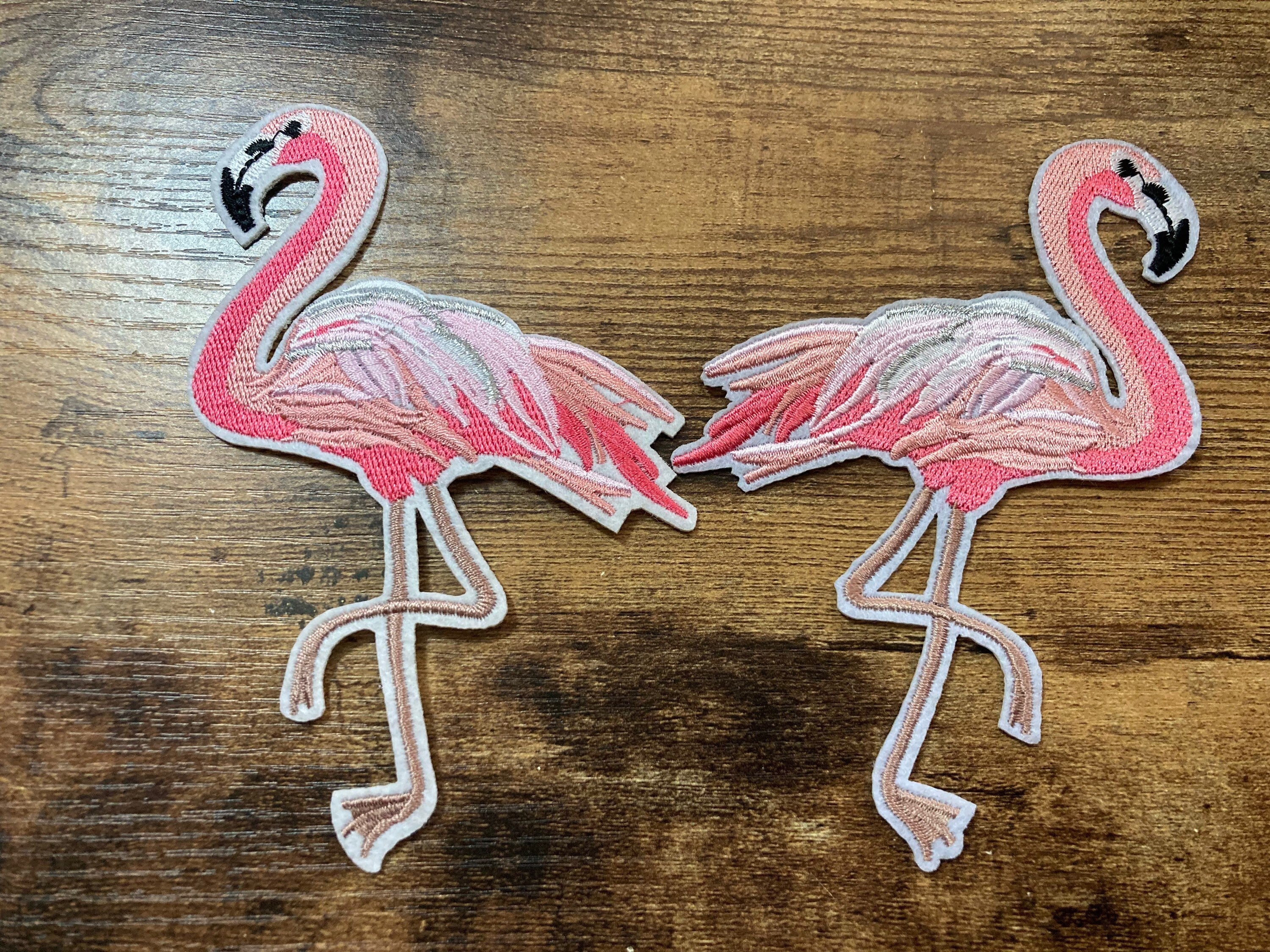 Embroidered Flamingo Iron On Patches: Pink & Silver Appliqués (15cm x 10cm)