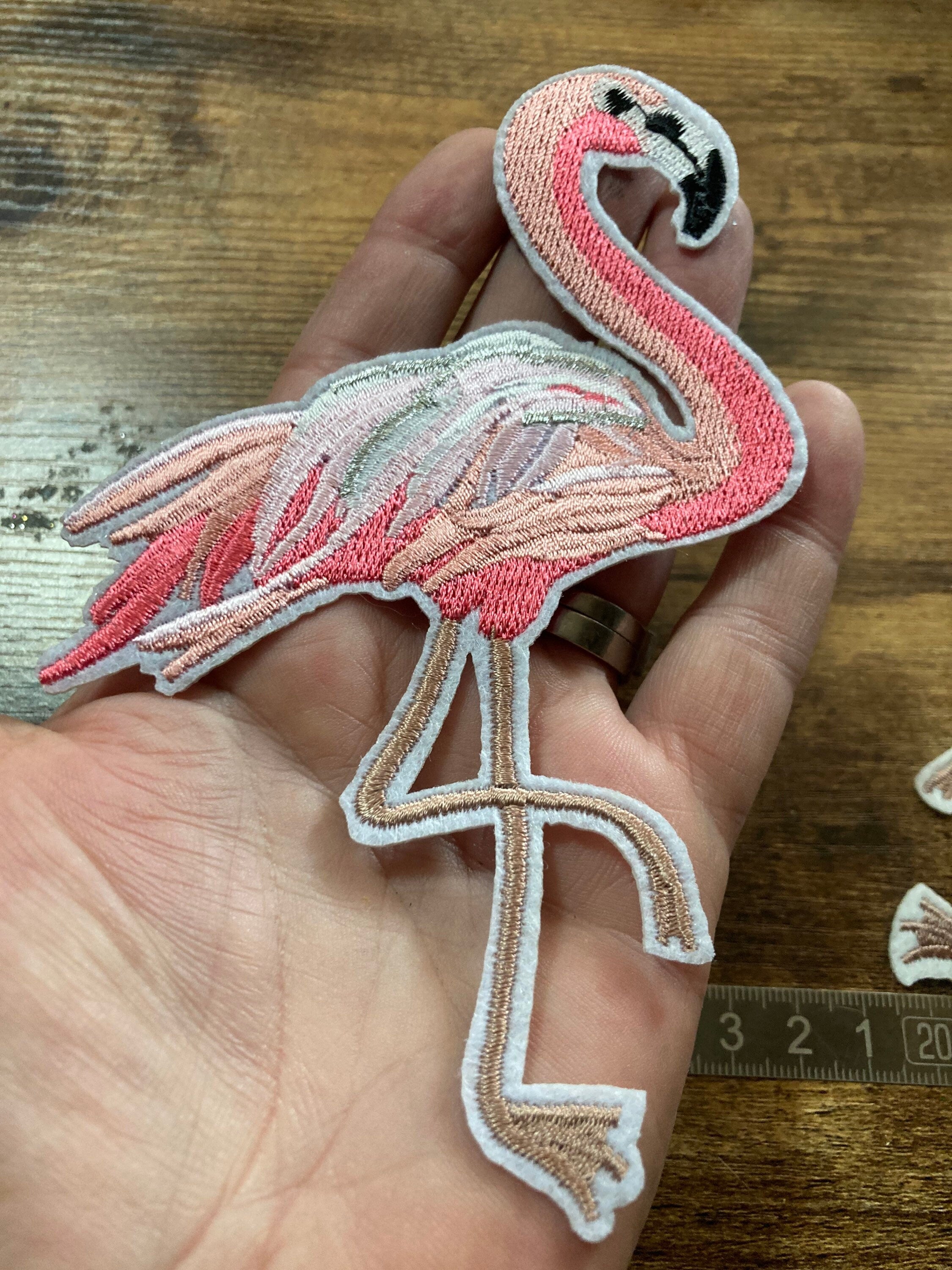 Embroidered Flamingo Iron On Patches: Pink & Silver Appliqués (15cm x 10cm)