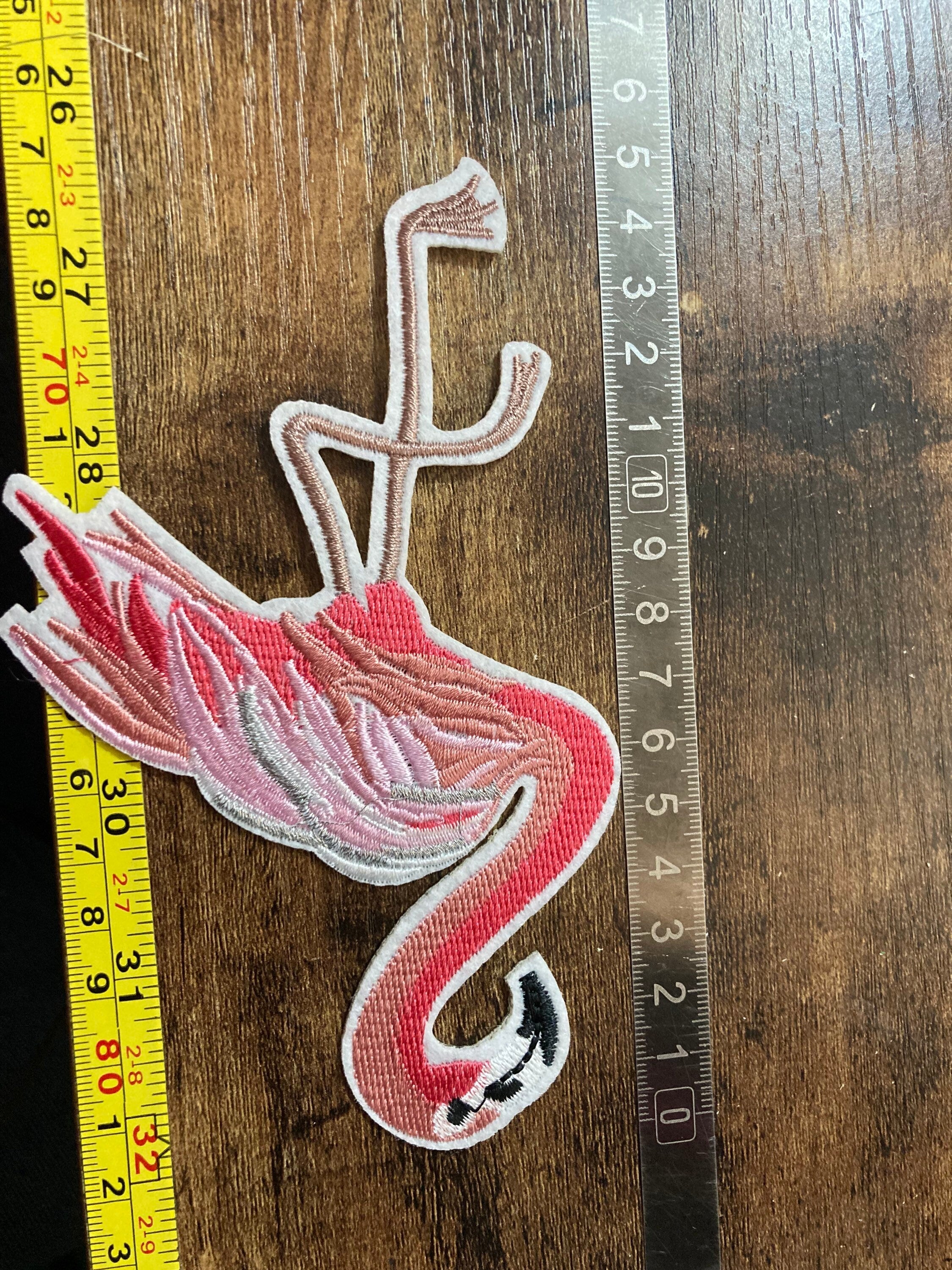 Embroidered Flamingo Iron On Patches: Pink & Silver Appliqués (15cm x 10cm)