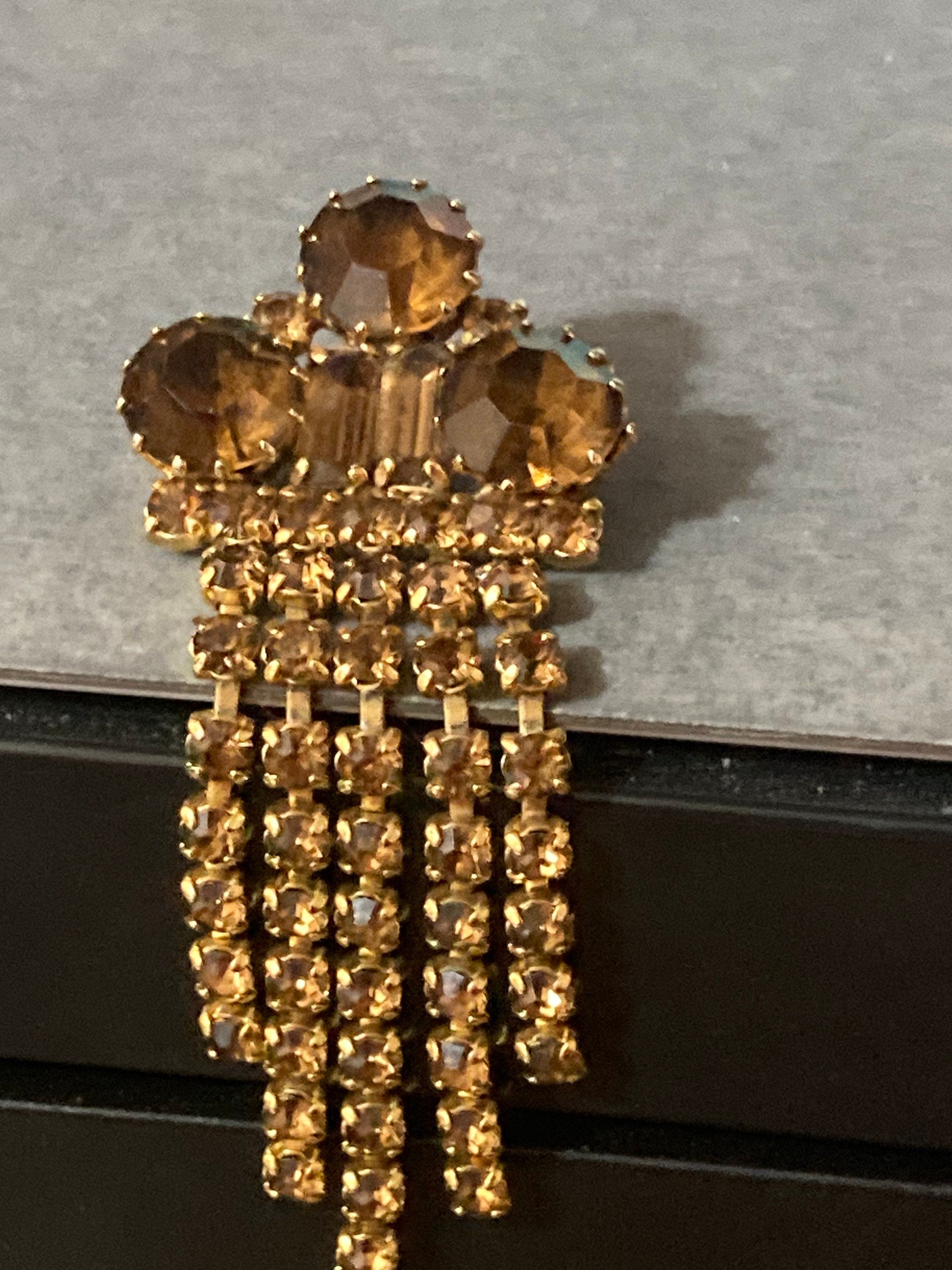 1950s brown cognac glass waterfall brooch, gold tone