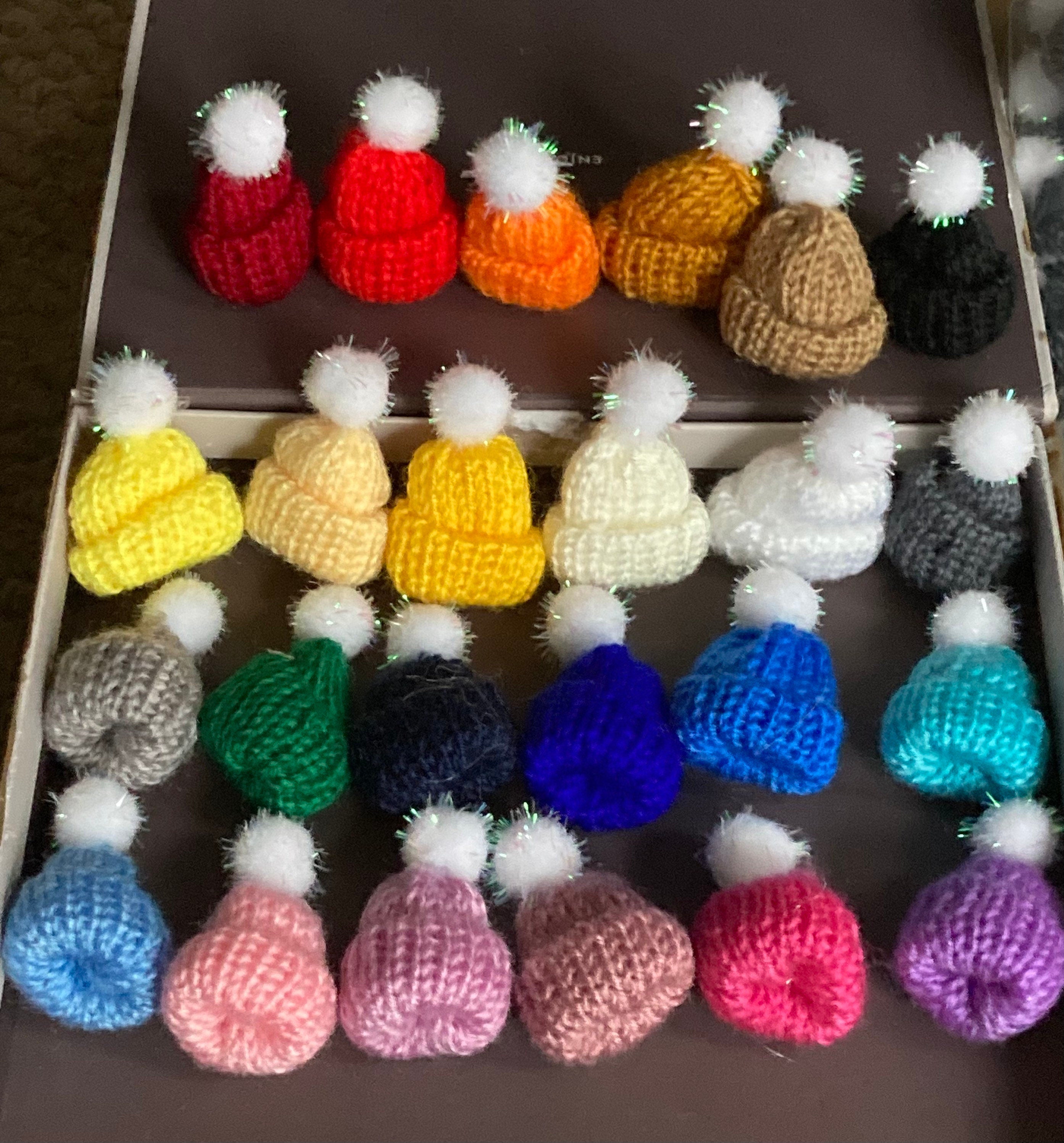 Mini knitted bobble hats cake topper decorations, wool craft bottle tops price per hat